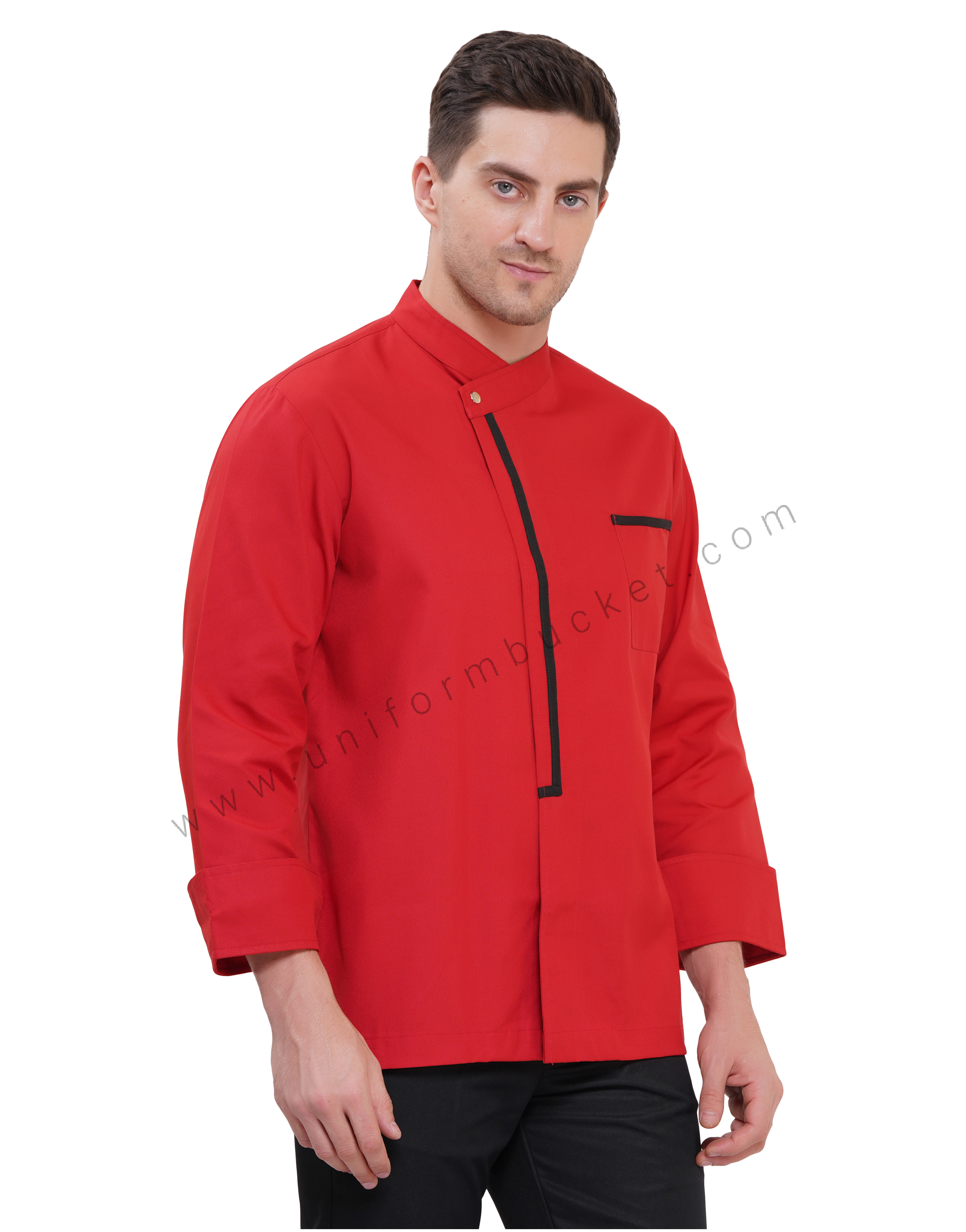 Male red premium chef coat with black trim thumbnail 3