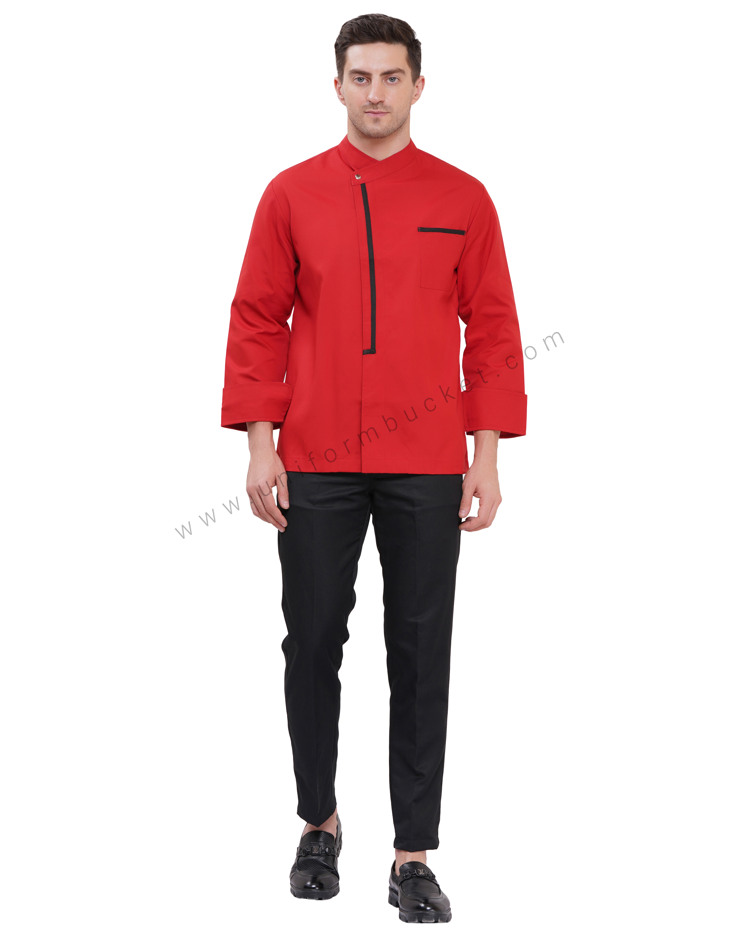 Male red premium chef coat with black trim thumbnail 4