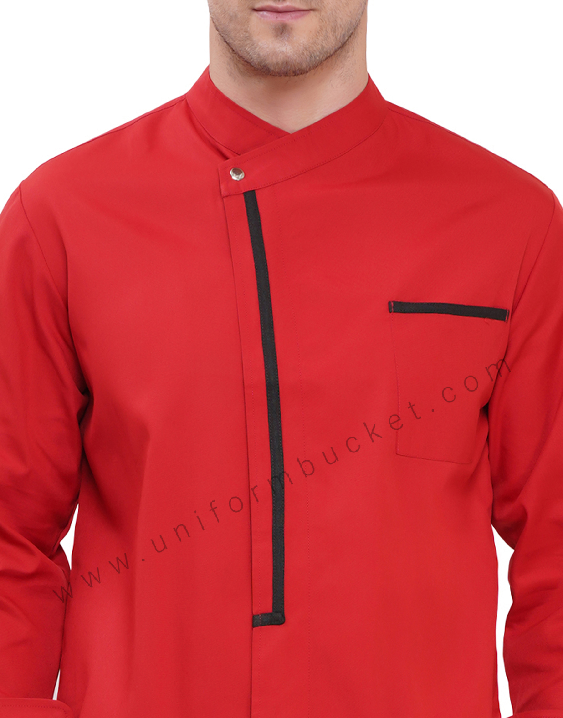 Male red premium chef coat with black trim thumbnail 6