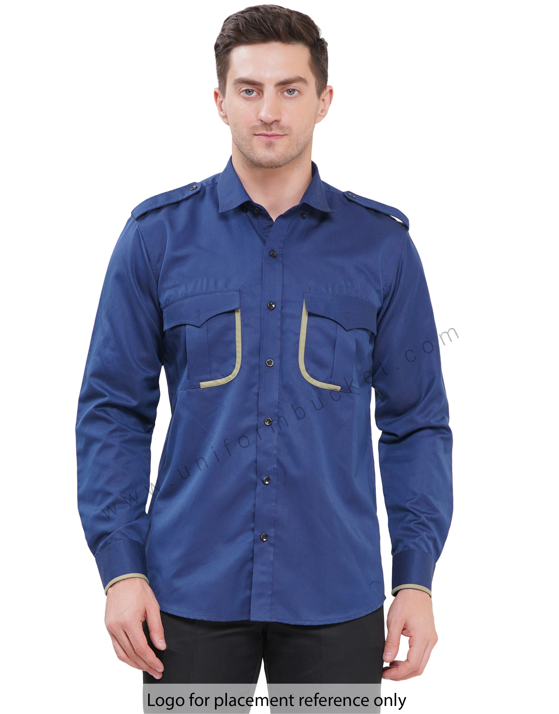 MALE RM BLUE WORKWEAR SHIRT &  TWO POCKET WITH FLAP &  PISTA GREEN TRIM view 1