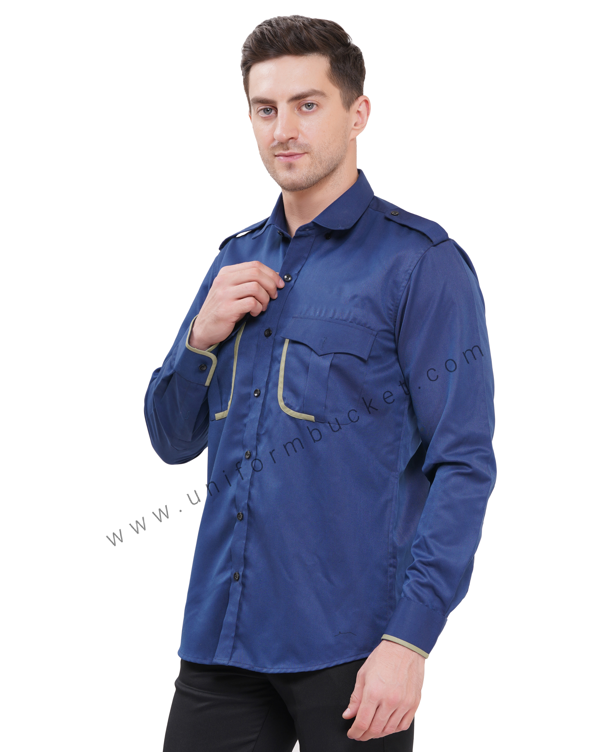 MALE RM BLUE WORKWEAR SHIRT &  TWO POCKET WITH FLAP &  PISTA GREEN TRIM thumbnail 2