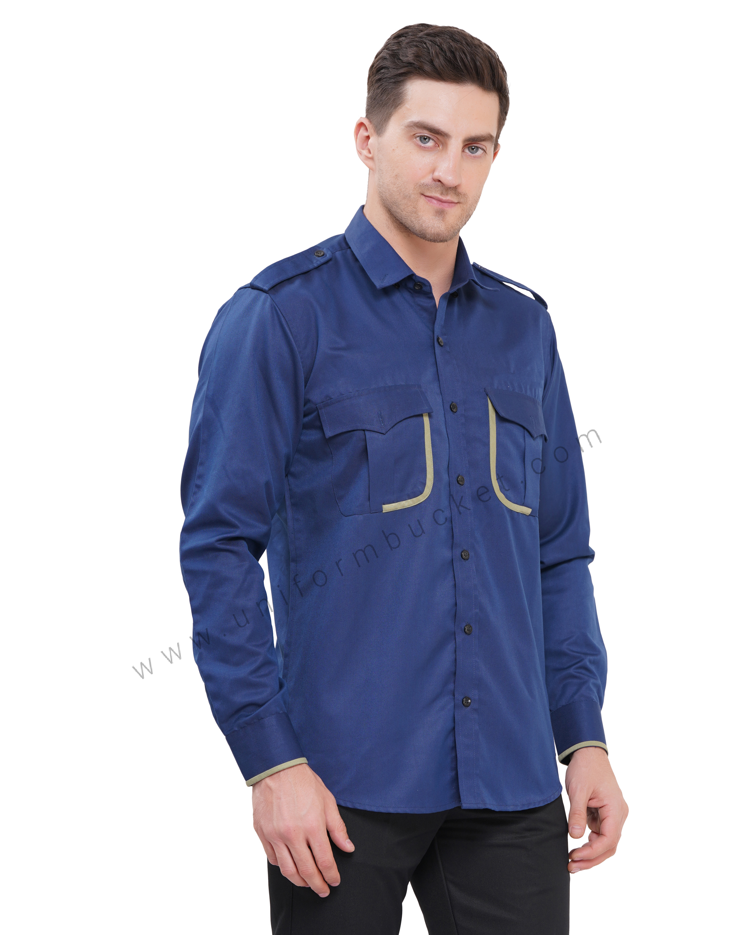 MALE RM BLUE WORKWEAR SHIRT &  TWO POCKET WITH FLAP &  PISTA GREEN TRIM thumbnail 3