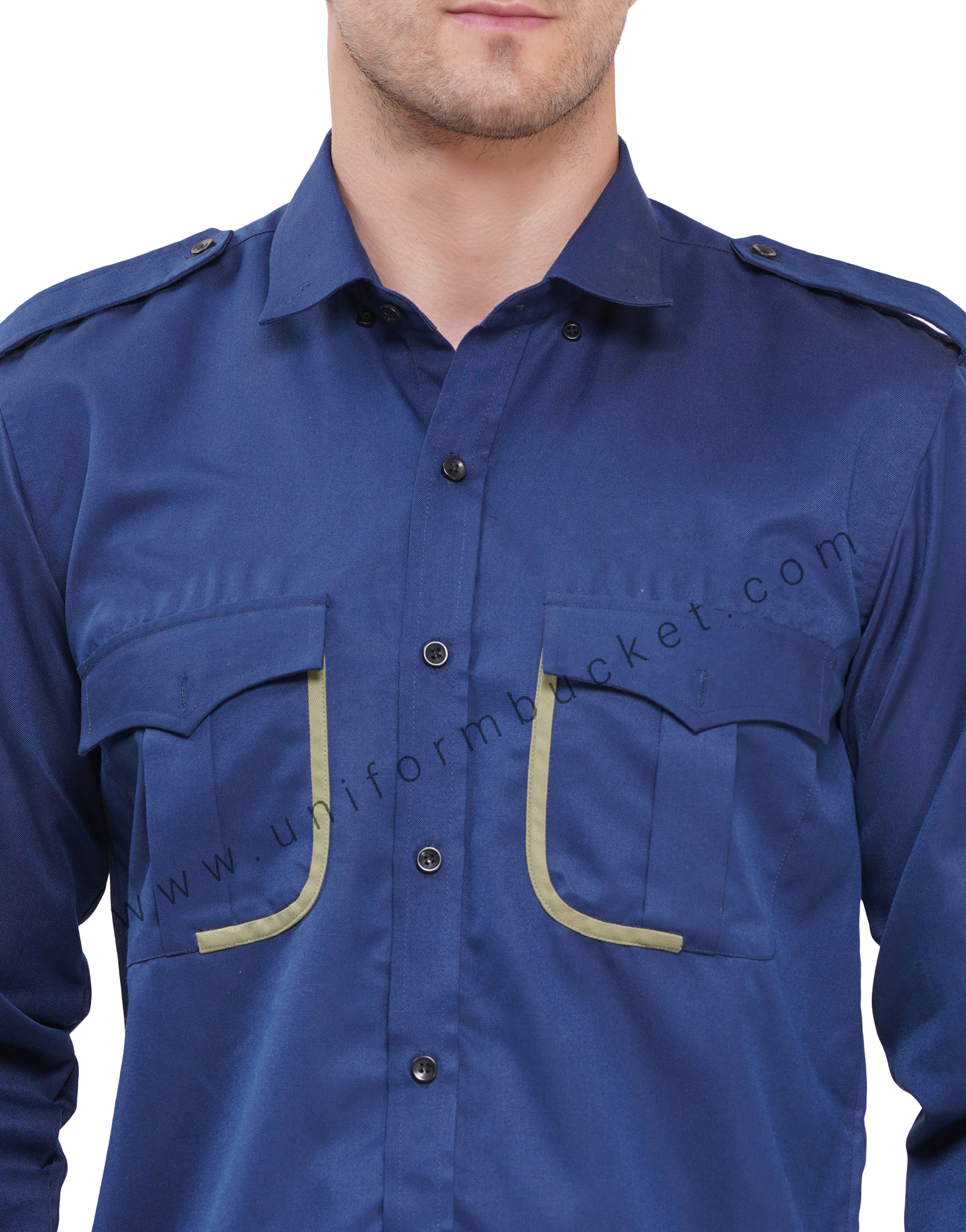 MALE RM BLUE WORKWEAR SHIRT &  TWO POCKET WITH FLAP &  PISTA GREEN TRIM thumbnail 5