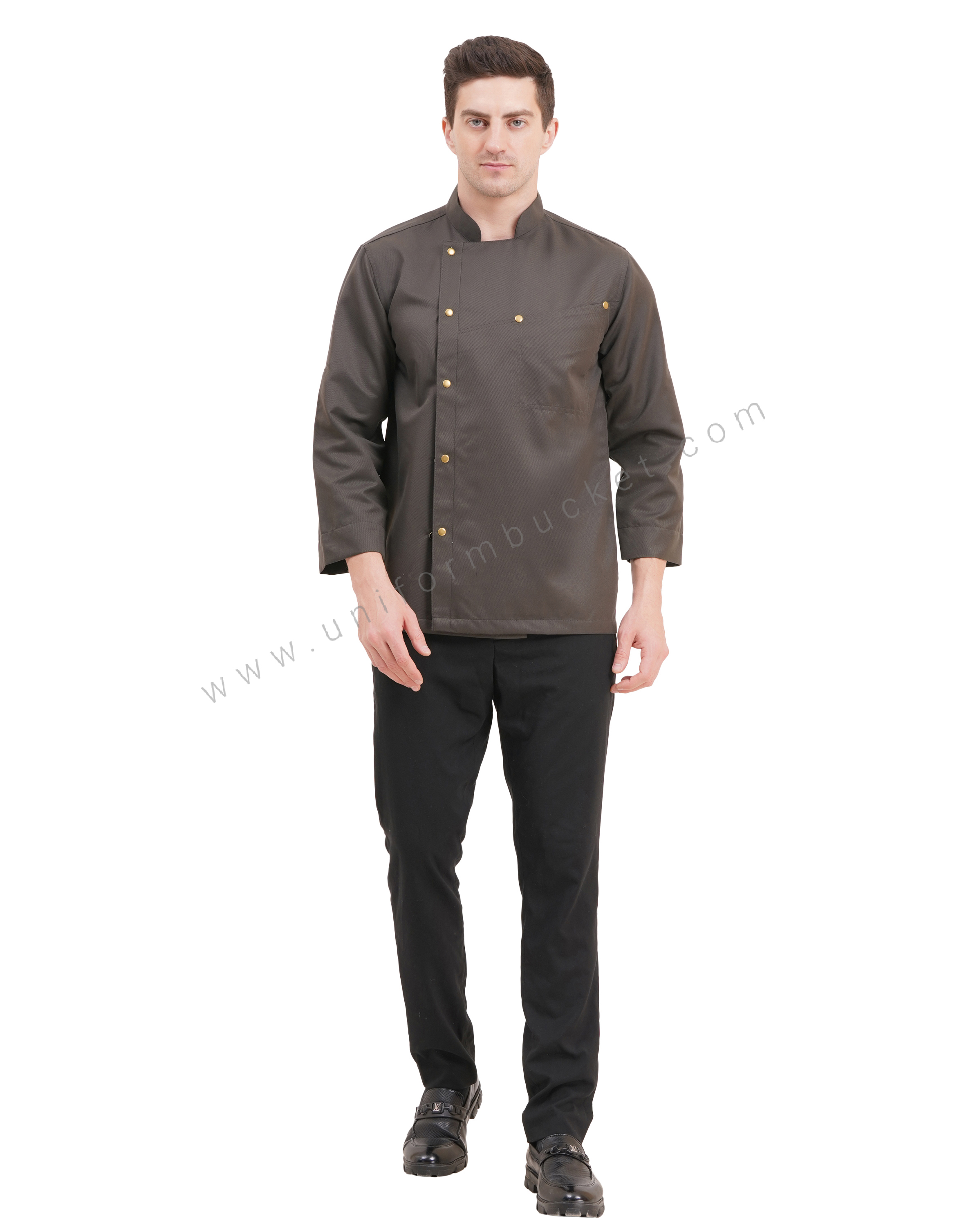 male timber green chef coat with front cross over joint pocket view 1