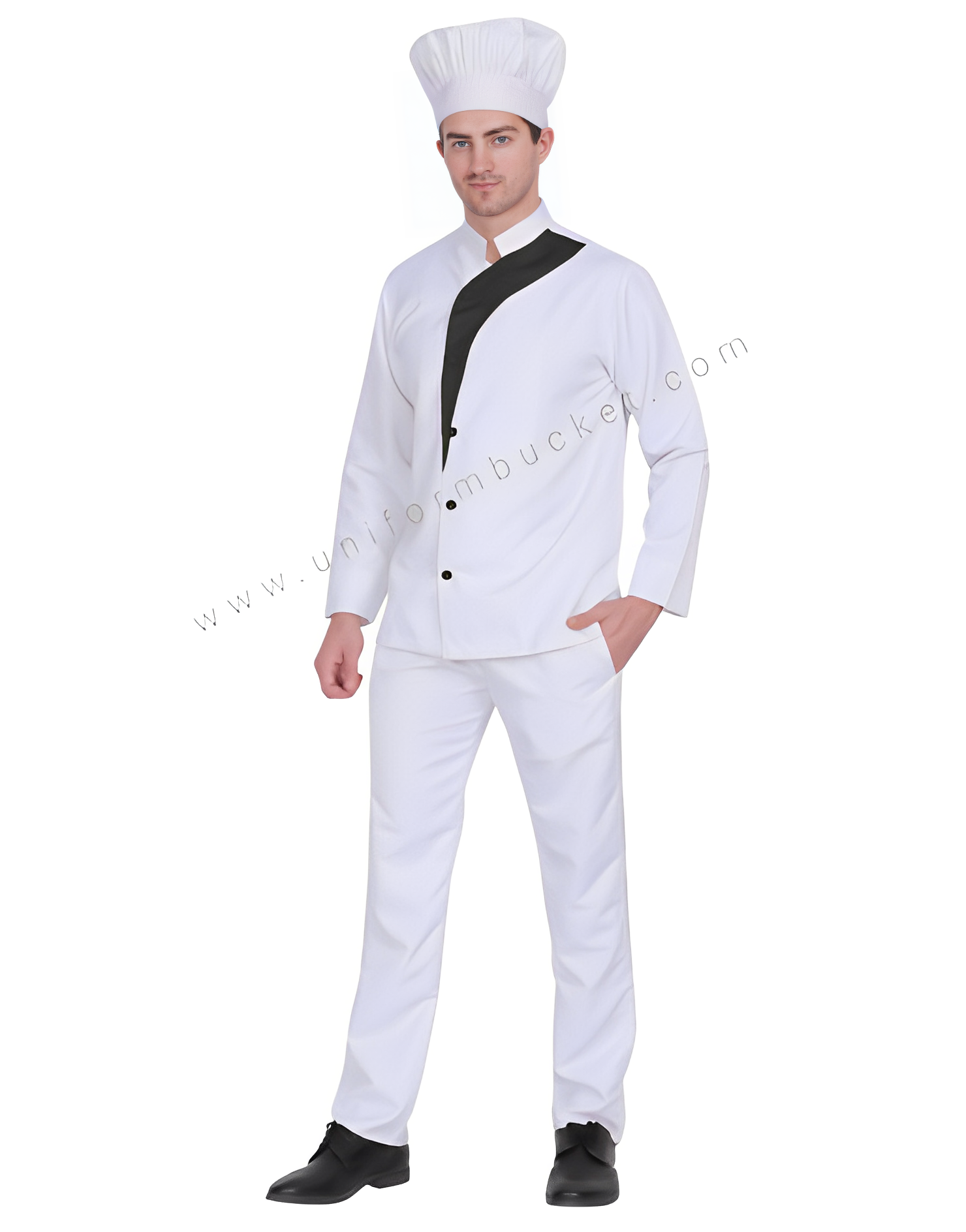 Male White Chef Coat With Black trim view 1