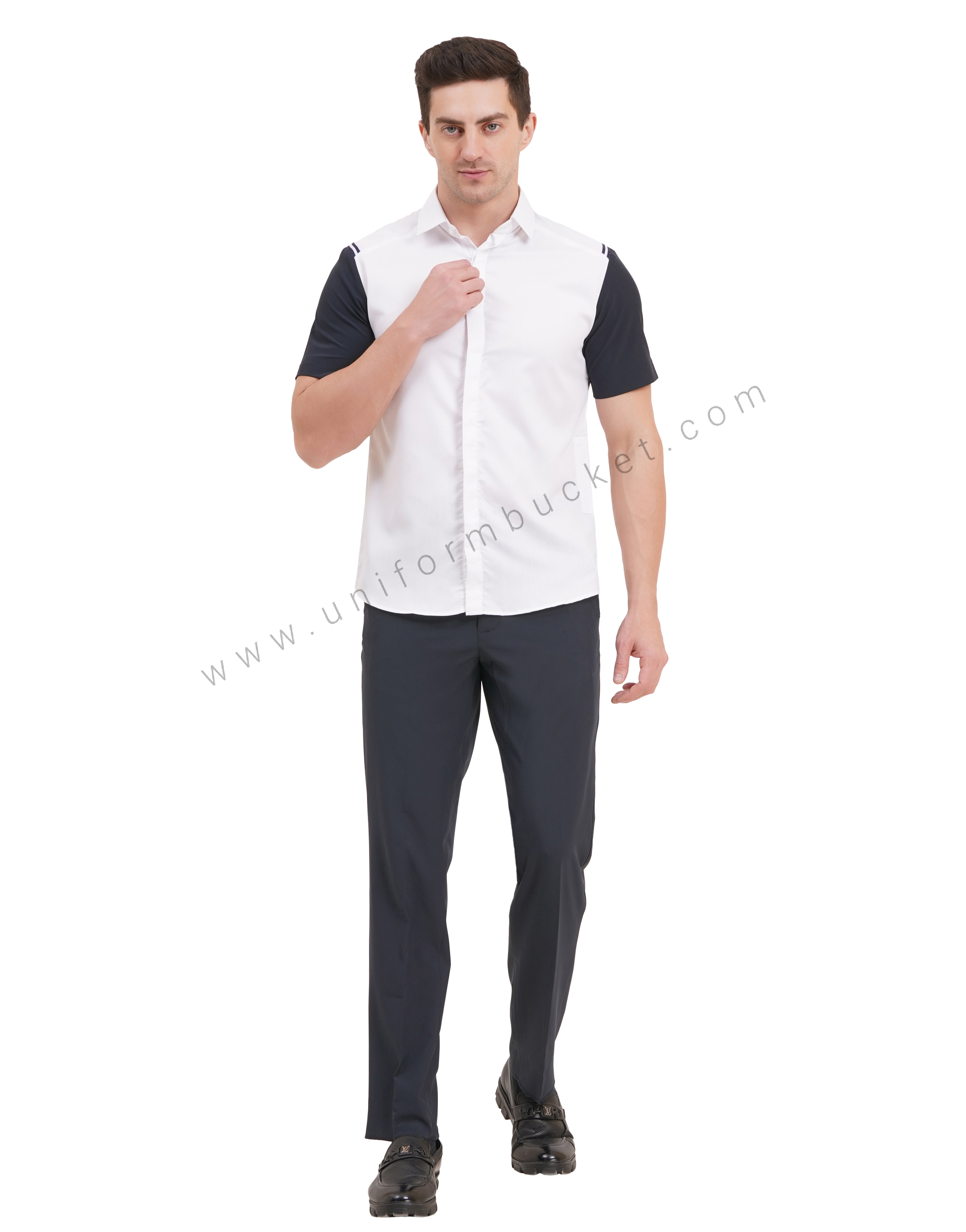 male white shirt with navy blue half sleeve & left side waist mini pocket view 1