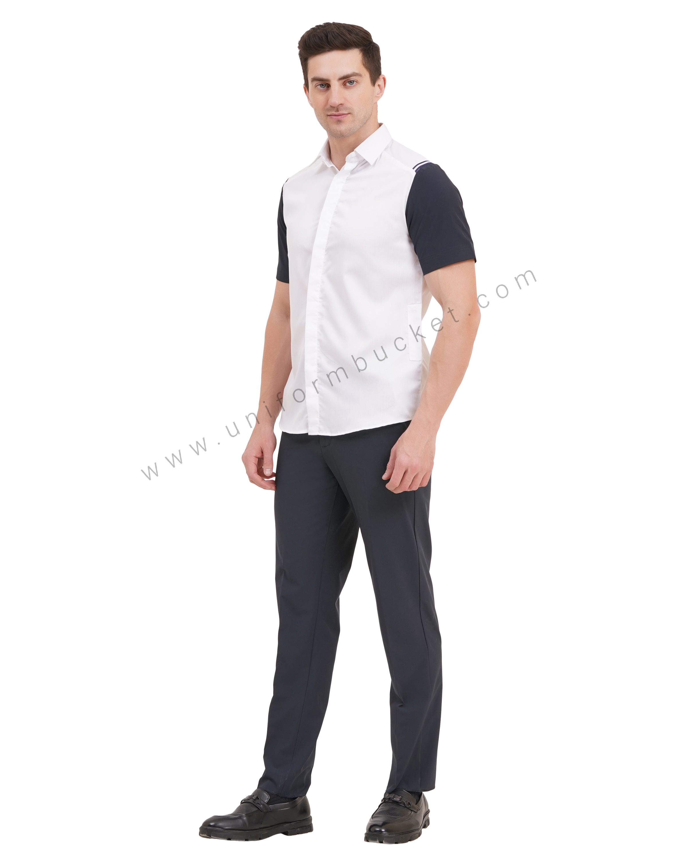 male white shirt with navy blue half sleeve & left side waist mini pocket thumbnail 2