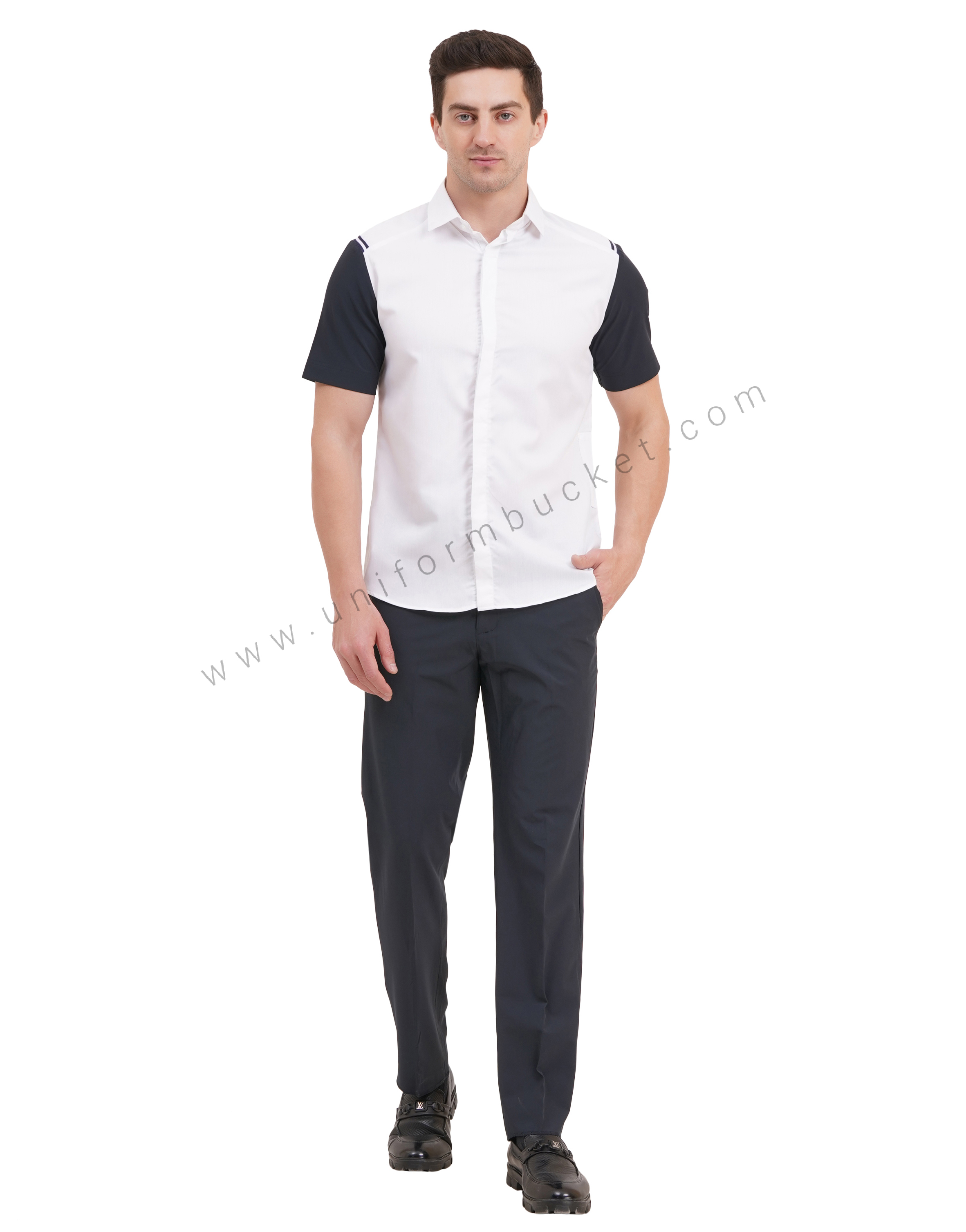 male white shirt with navy blue half sleeve & left side waist mini pocket thumbnail 3