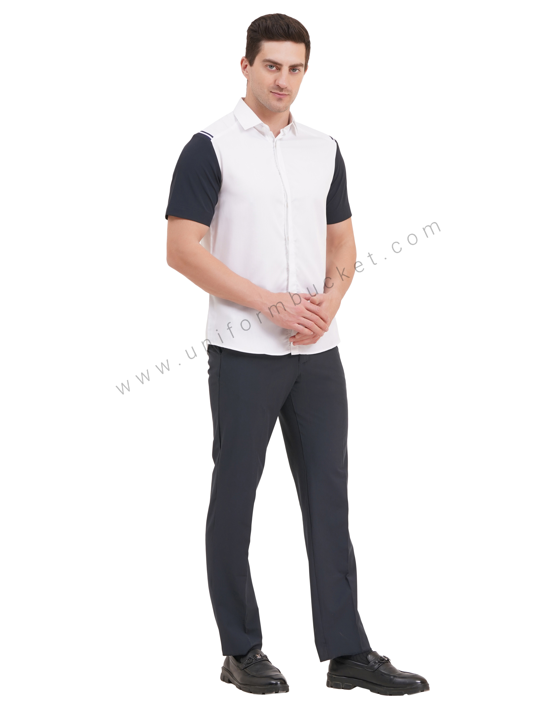 male white shirt with navy blue half sleeve & left side waist mini pocket thumbnail 4