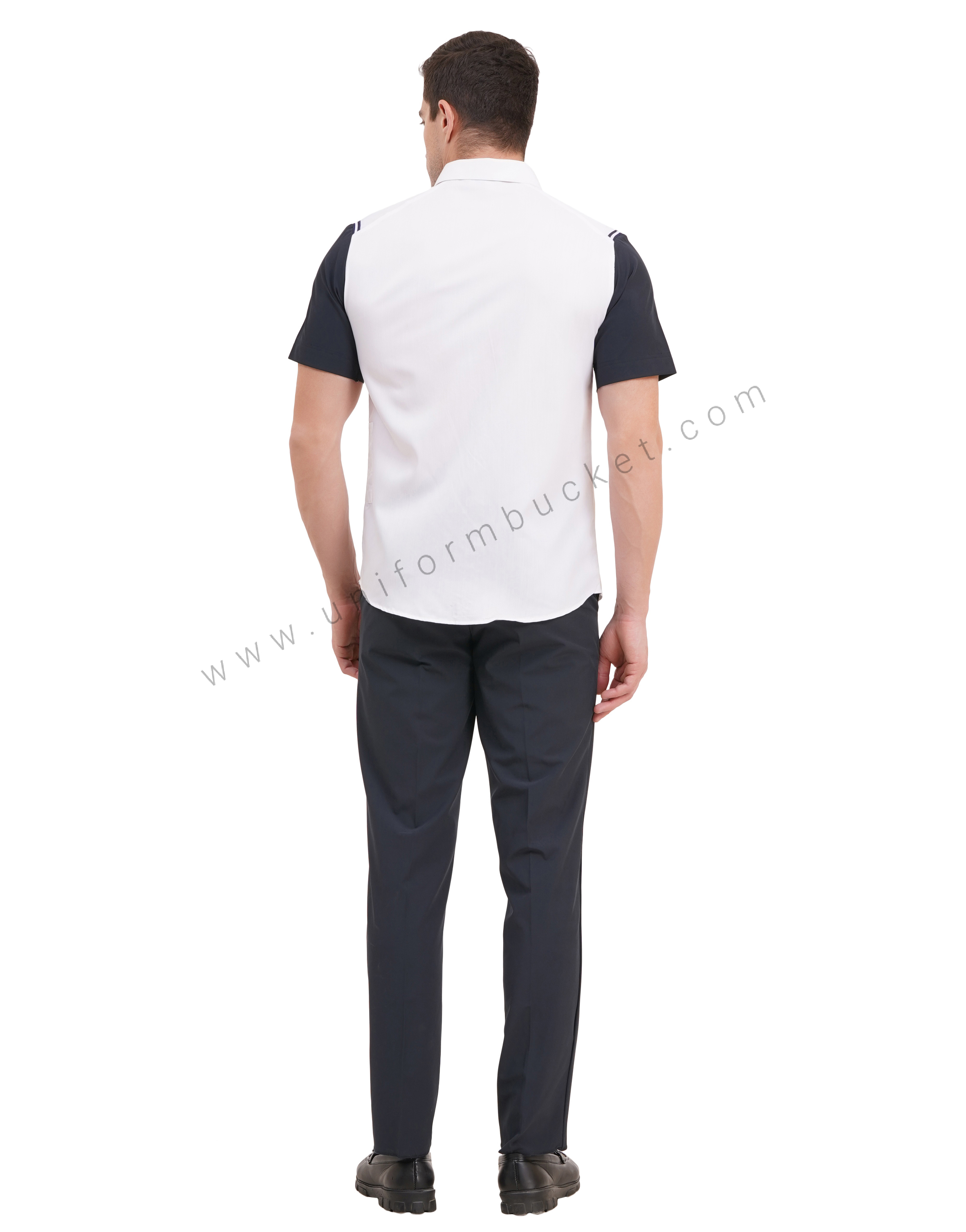 male white shirt with navy blue half sleeve & left side waist mini pocket thumbnail 5