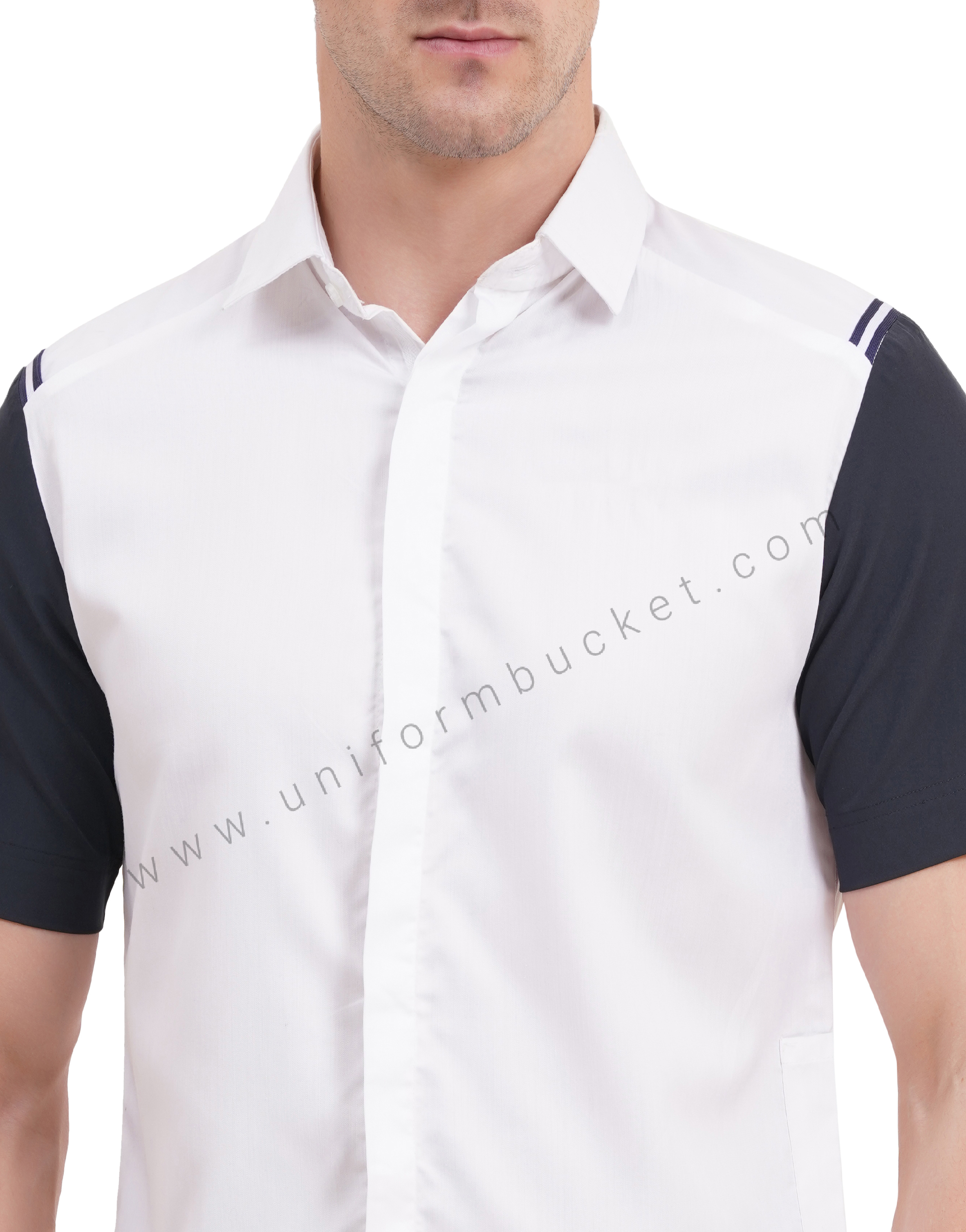 male white shirt with navy blue half sleeve & left side waist mini pocket thumbnail 6