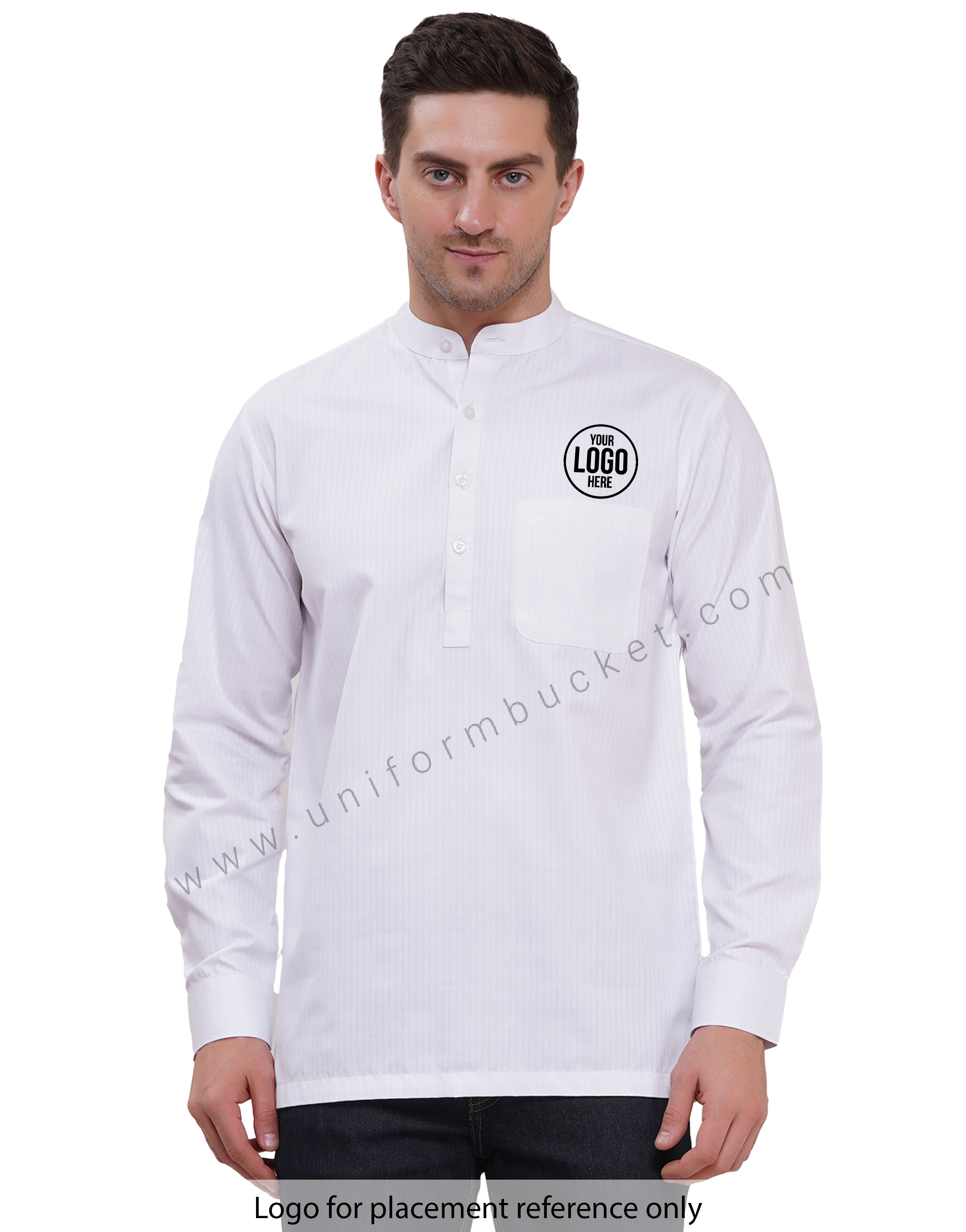 Male White short kurta full sleeve with cuff &  chinese collar view 1