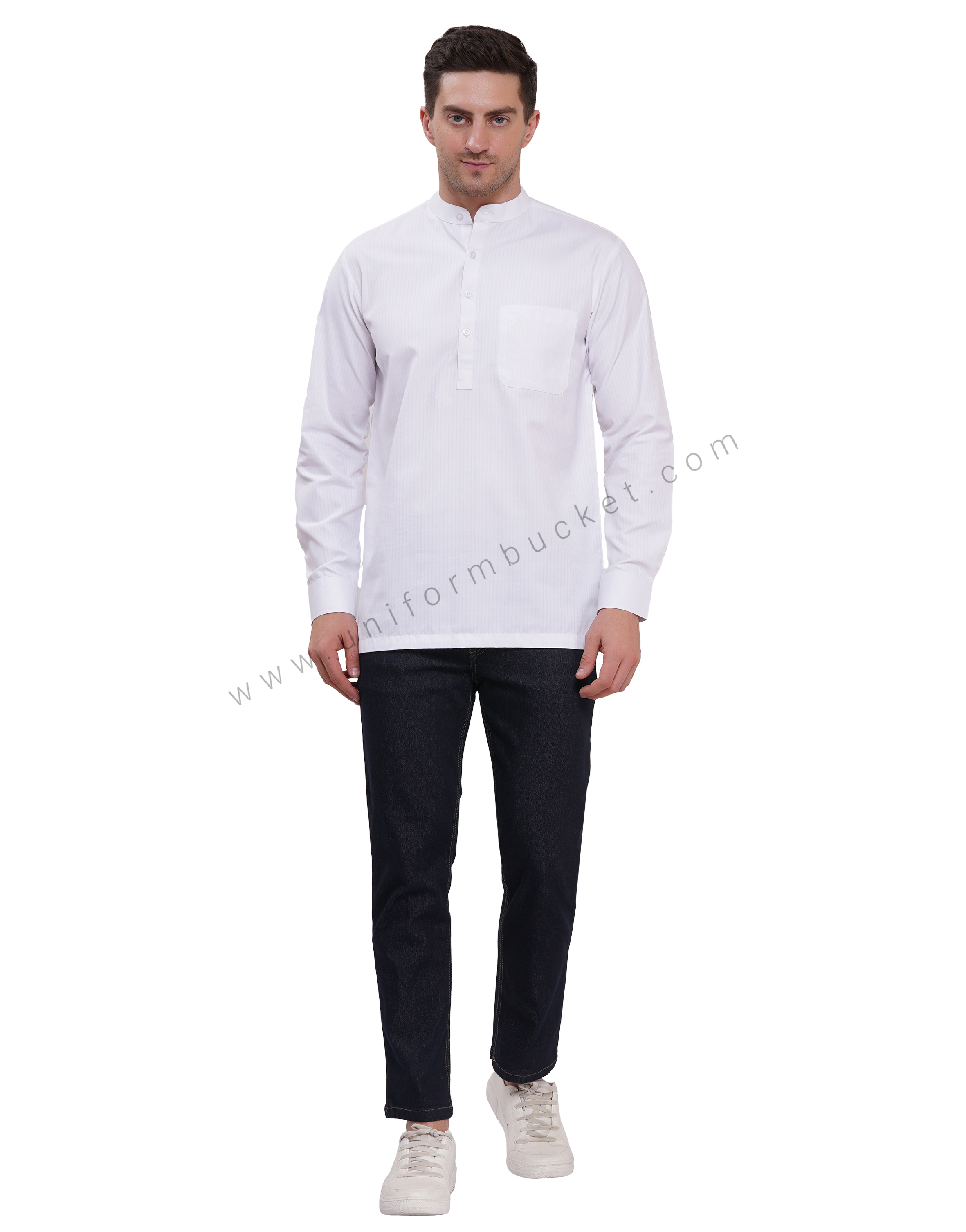 Male White short kurta full sleeve with cuff &  chinese collar thumbnail 2