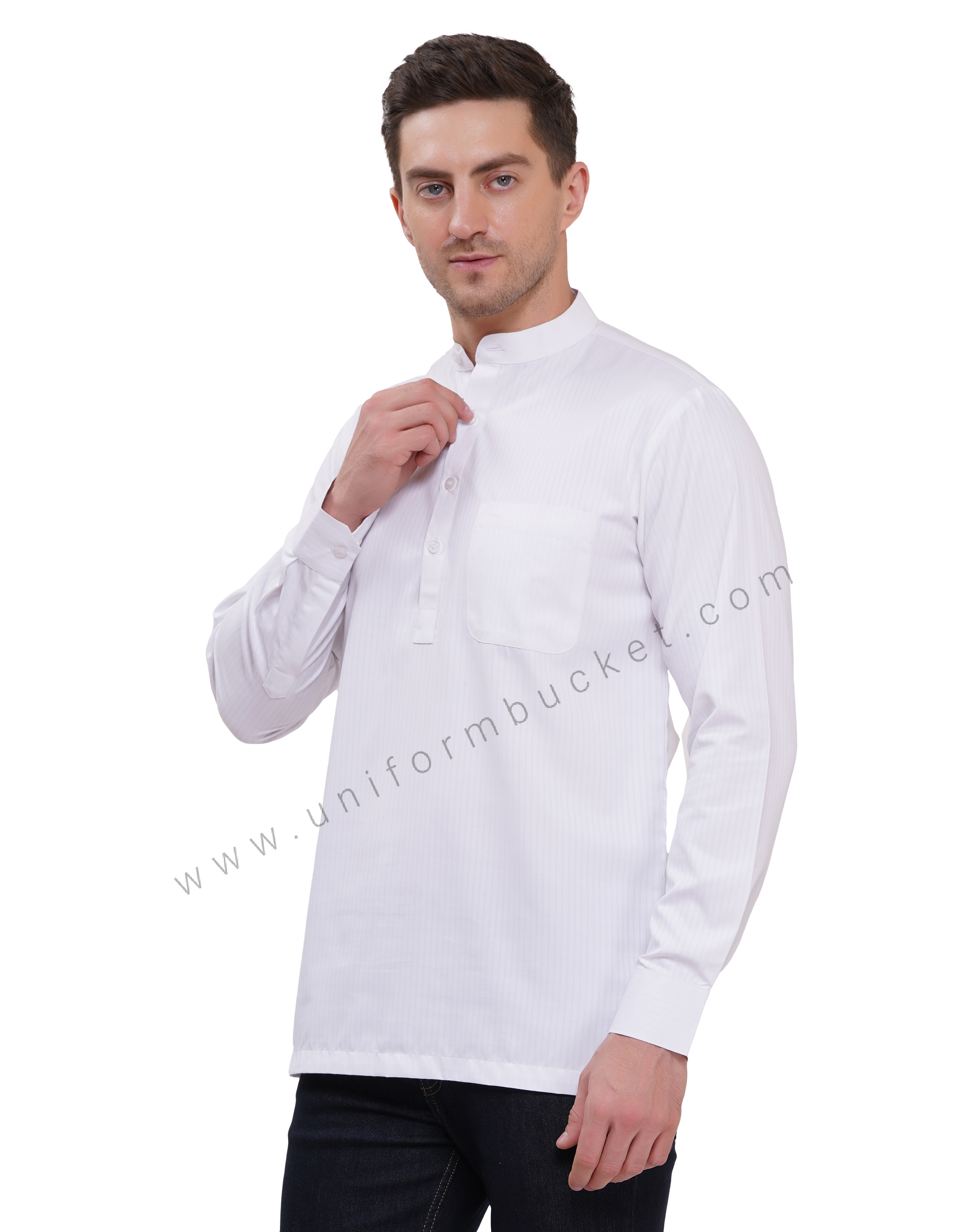 Male White short kurta full sleeve with cuff &  chinese collar thumbnail 3