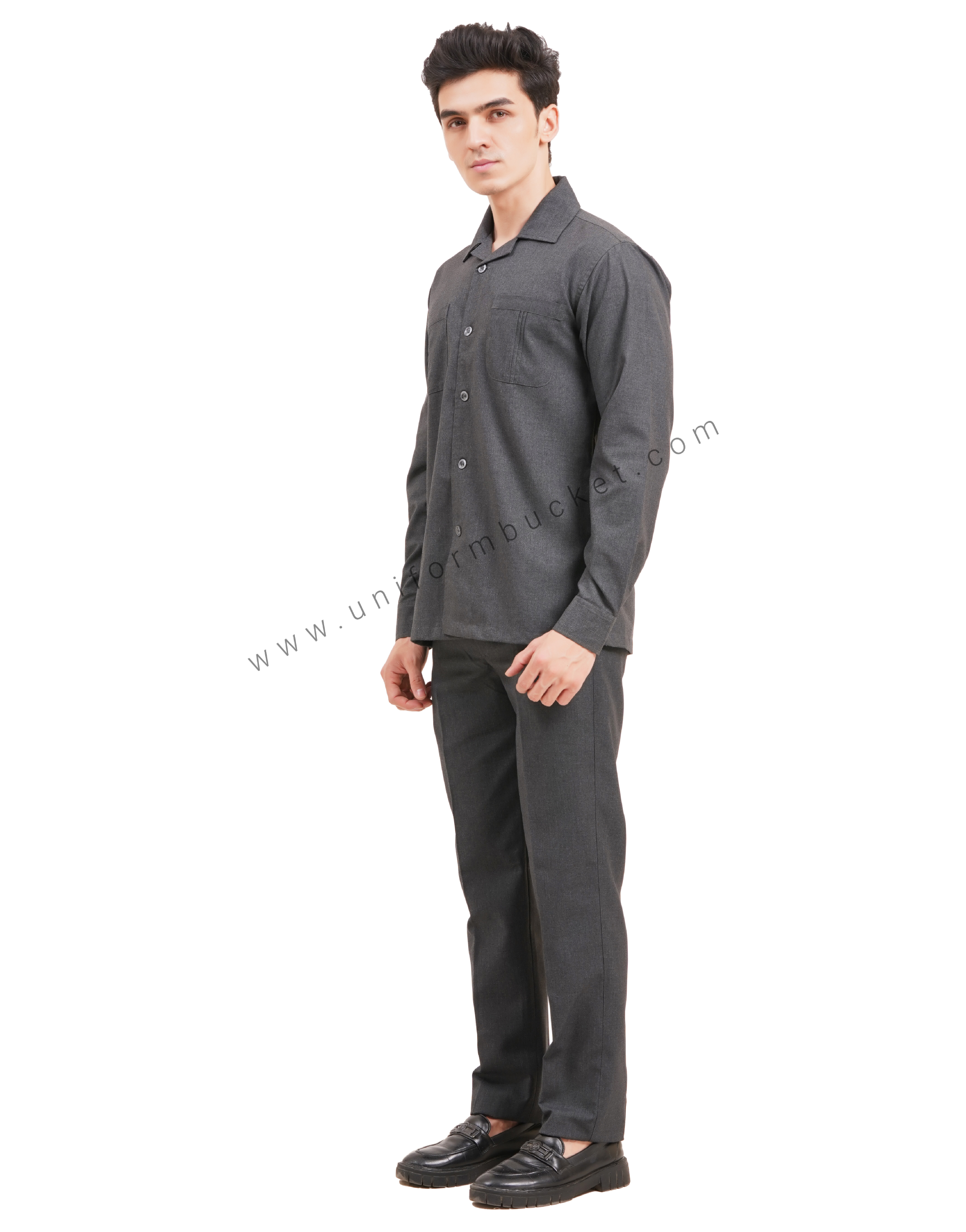 Male Worsted Grey  safari shirt with full sleeve & back slit thumbnail 3
