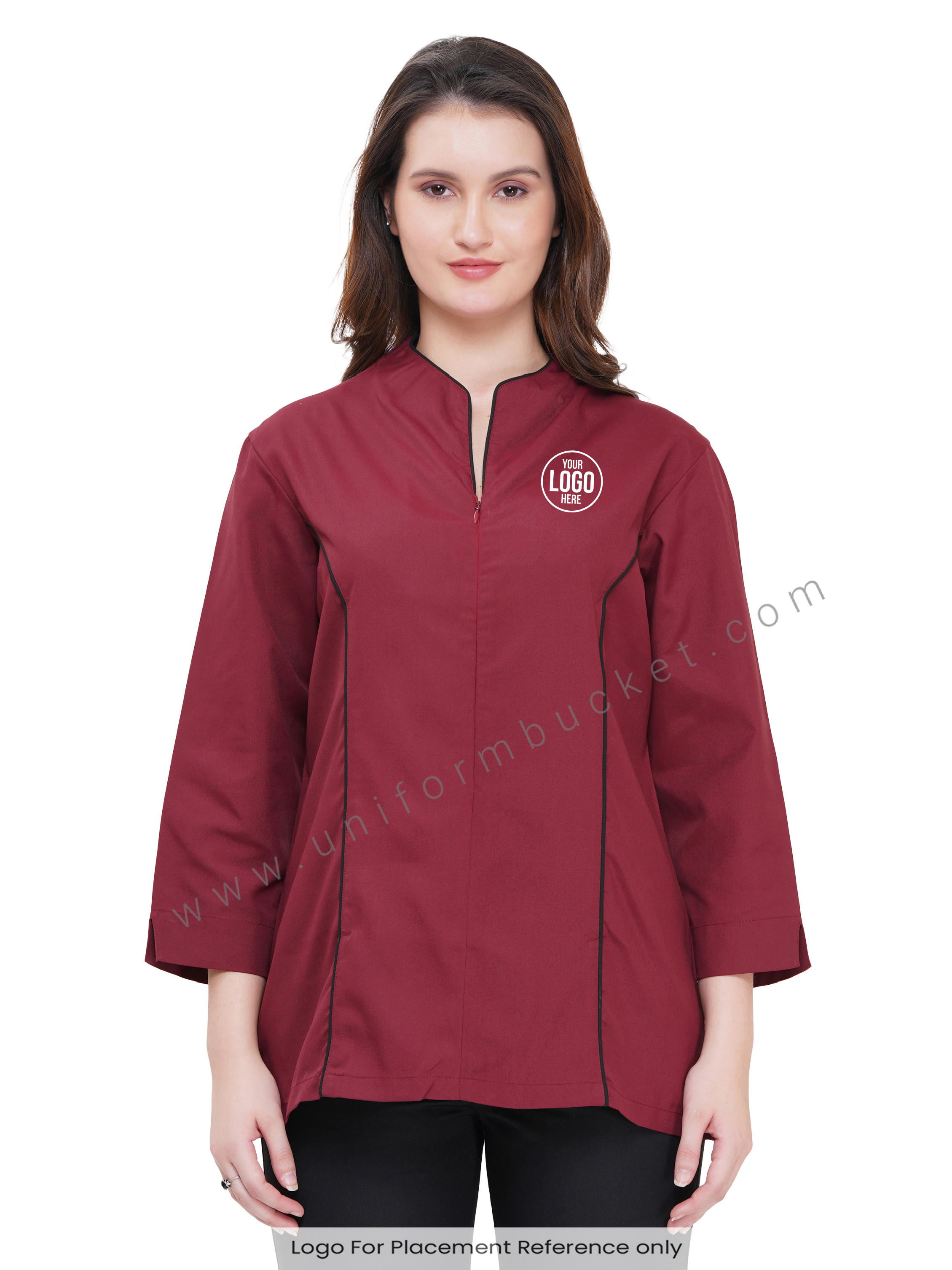 MAROON FEMALE TOP WITH FRONT BLACK PIPING & ZIP view 1