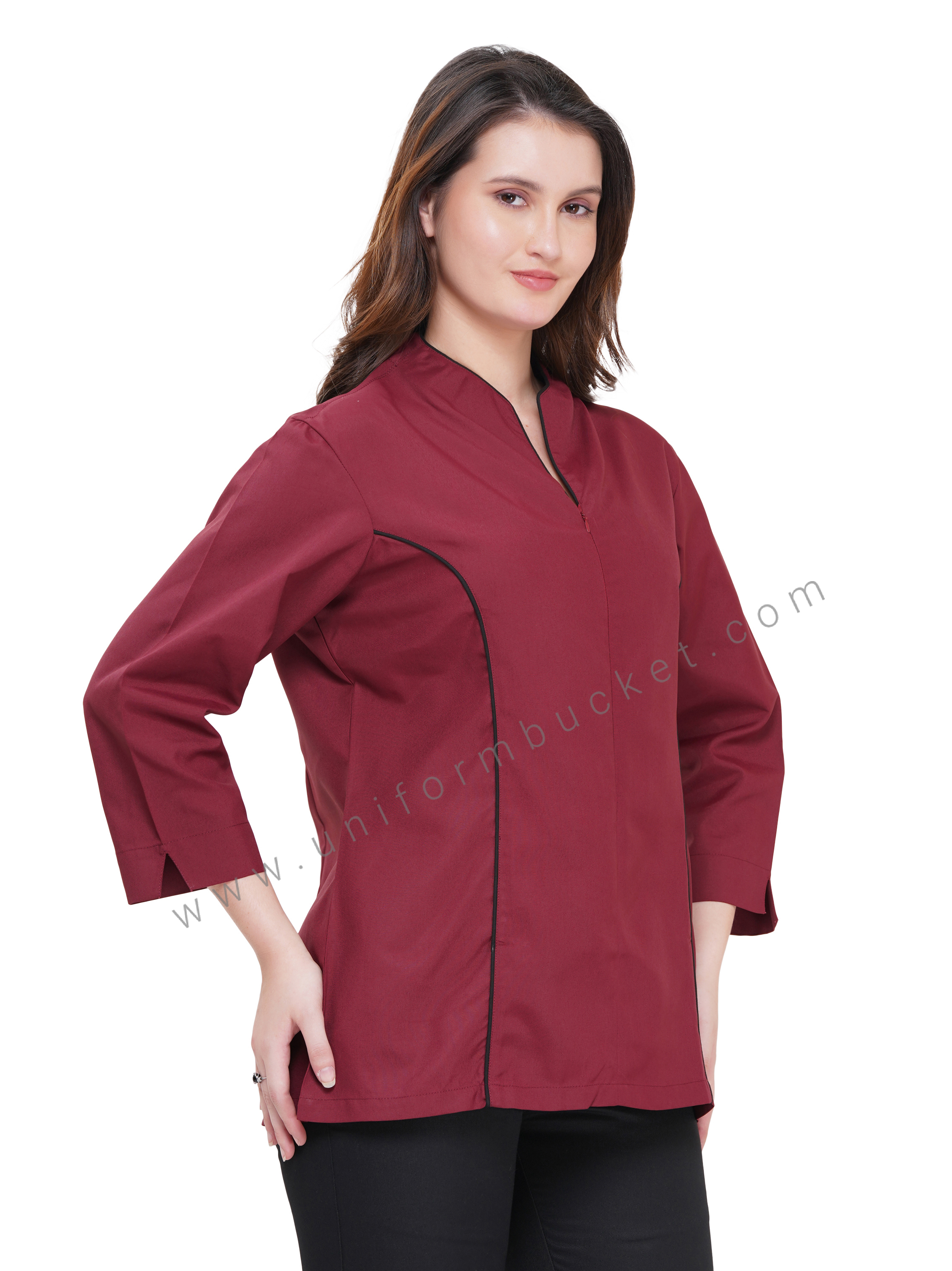 MAROON FEMALE TOP WITH FRONT BLACK PIPING & ZIP thumbnail 2