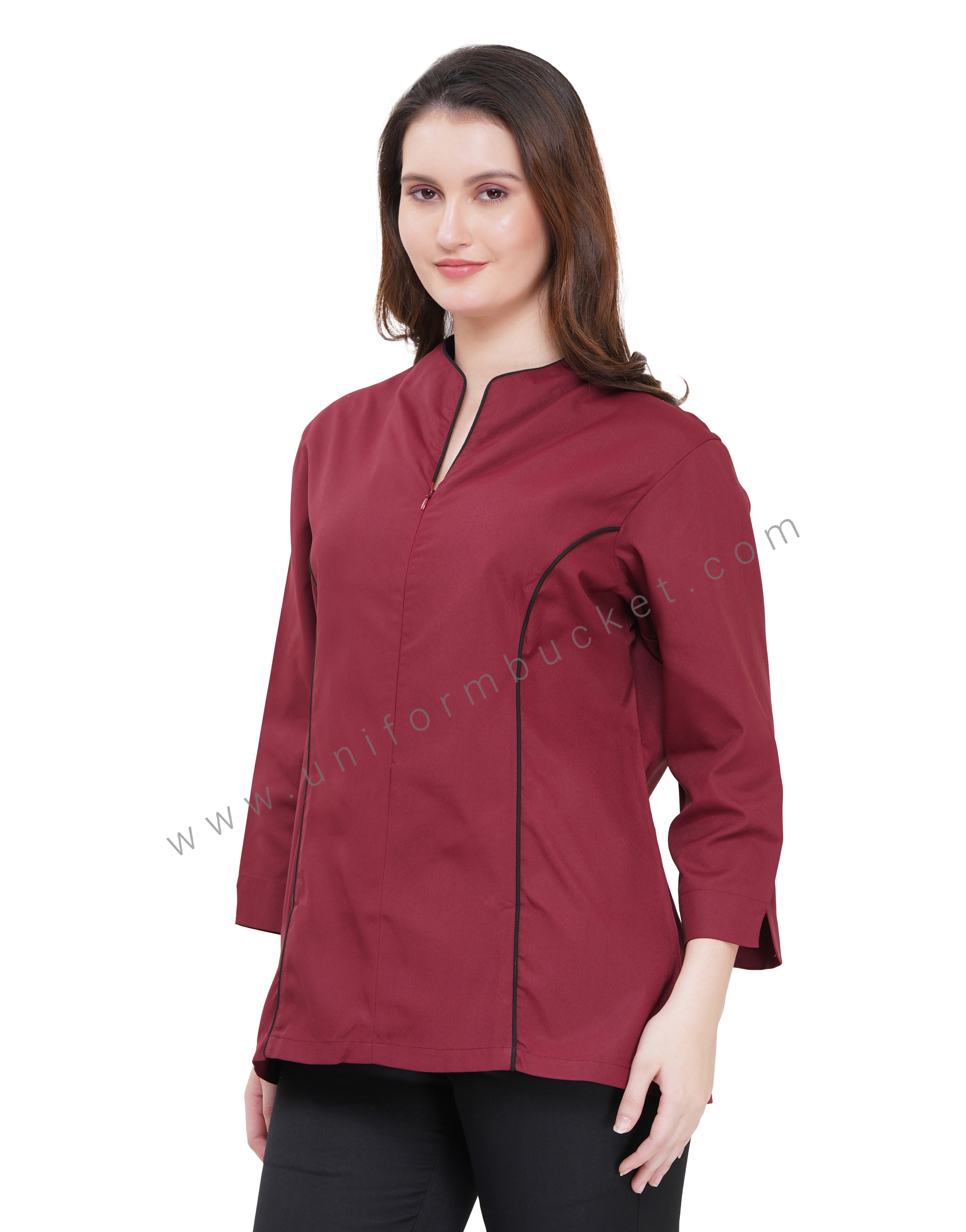 MAROON FEMALE TOP WITH FRONT BLACK PIPING & ZIP thumbnail 3