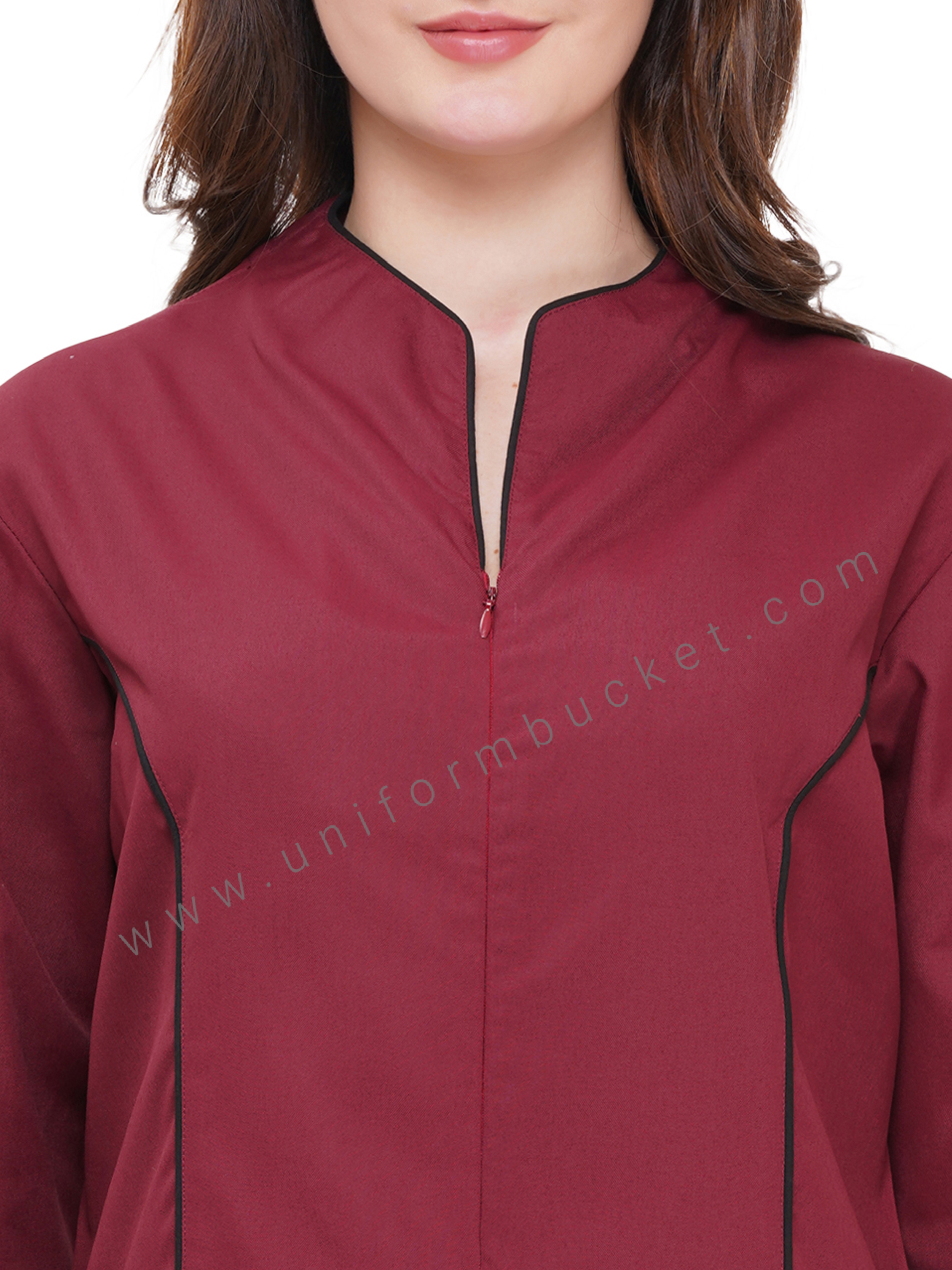 MAROON FEMALE TOP WITH FRONT BLACK PIPING & ZIP thumbnail 4