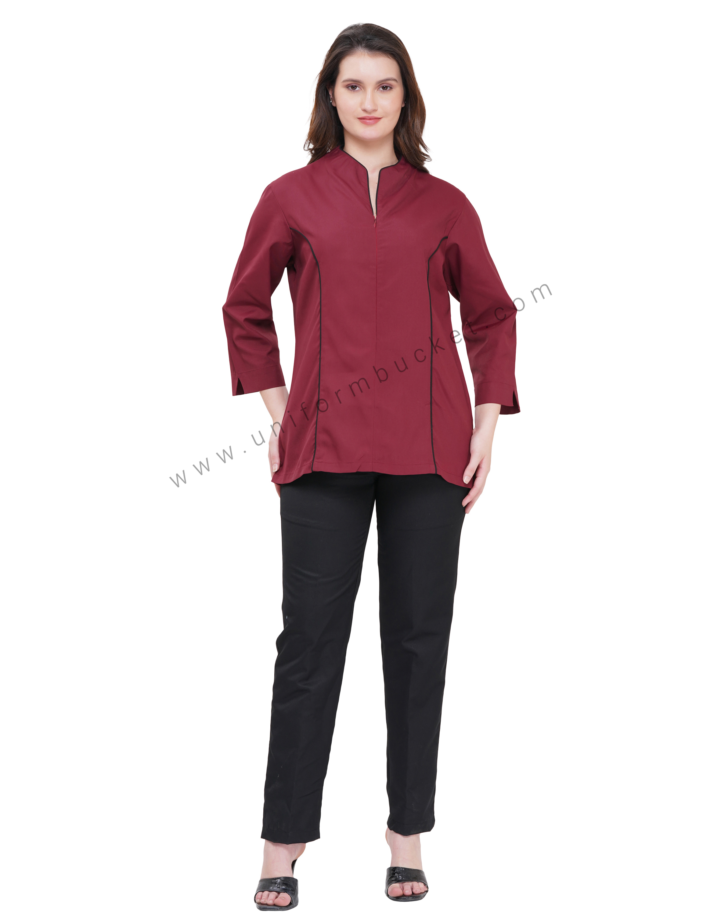 MAROON FEMALE TOP WITH FRONT BLACK PIPING & ZIP thumbnail 6