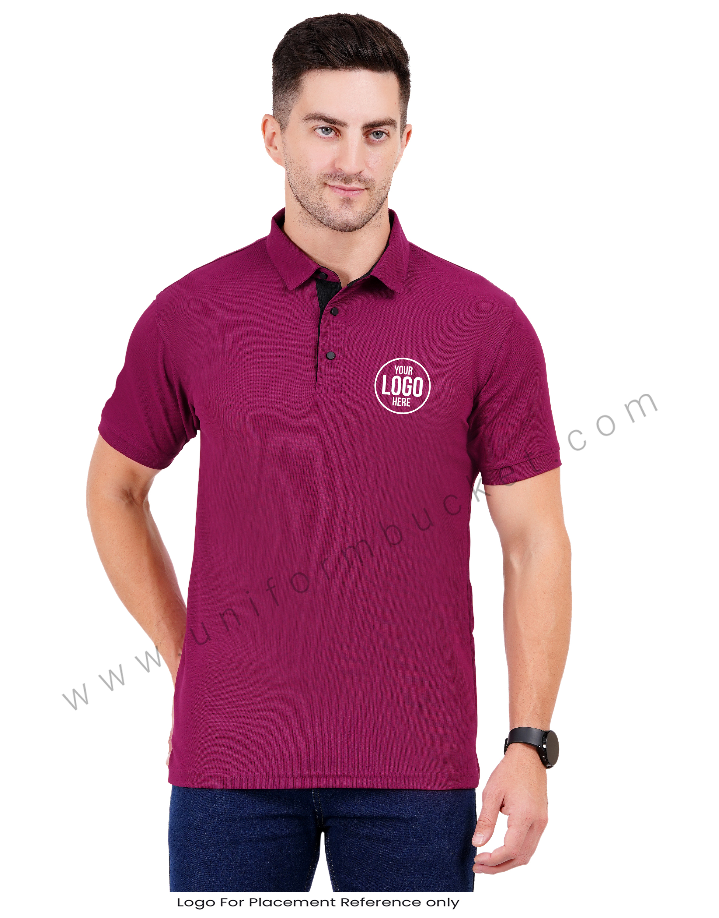Wine polo T-shirt with black trim detail view 1