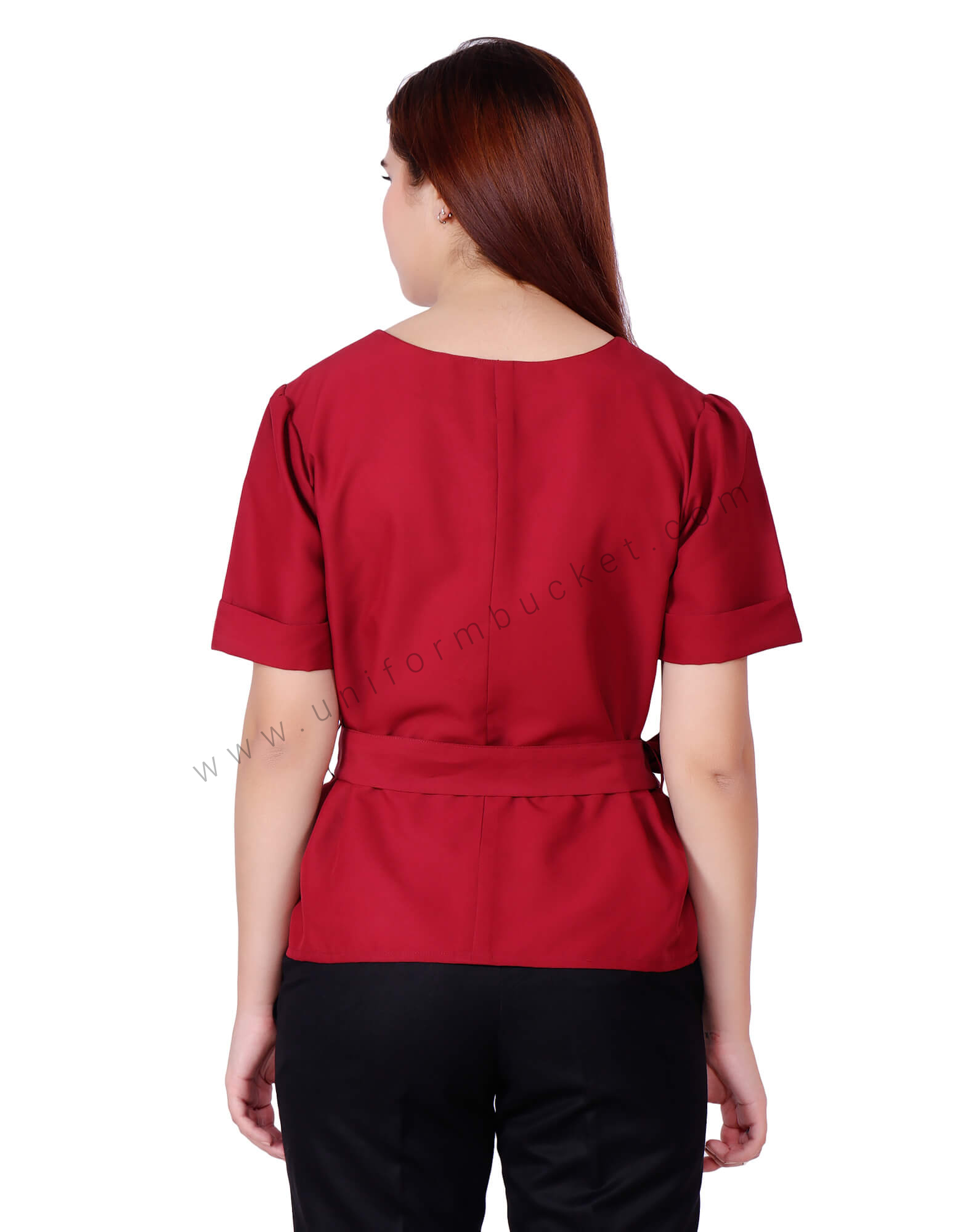 V Neck Maroon Uniform Top With Belt view 1