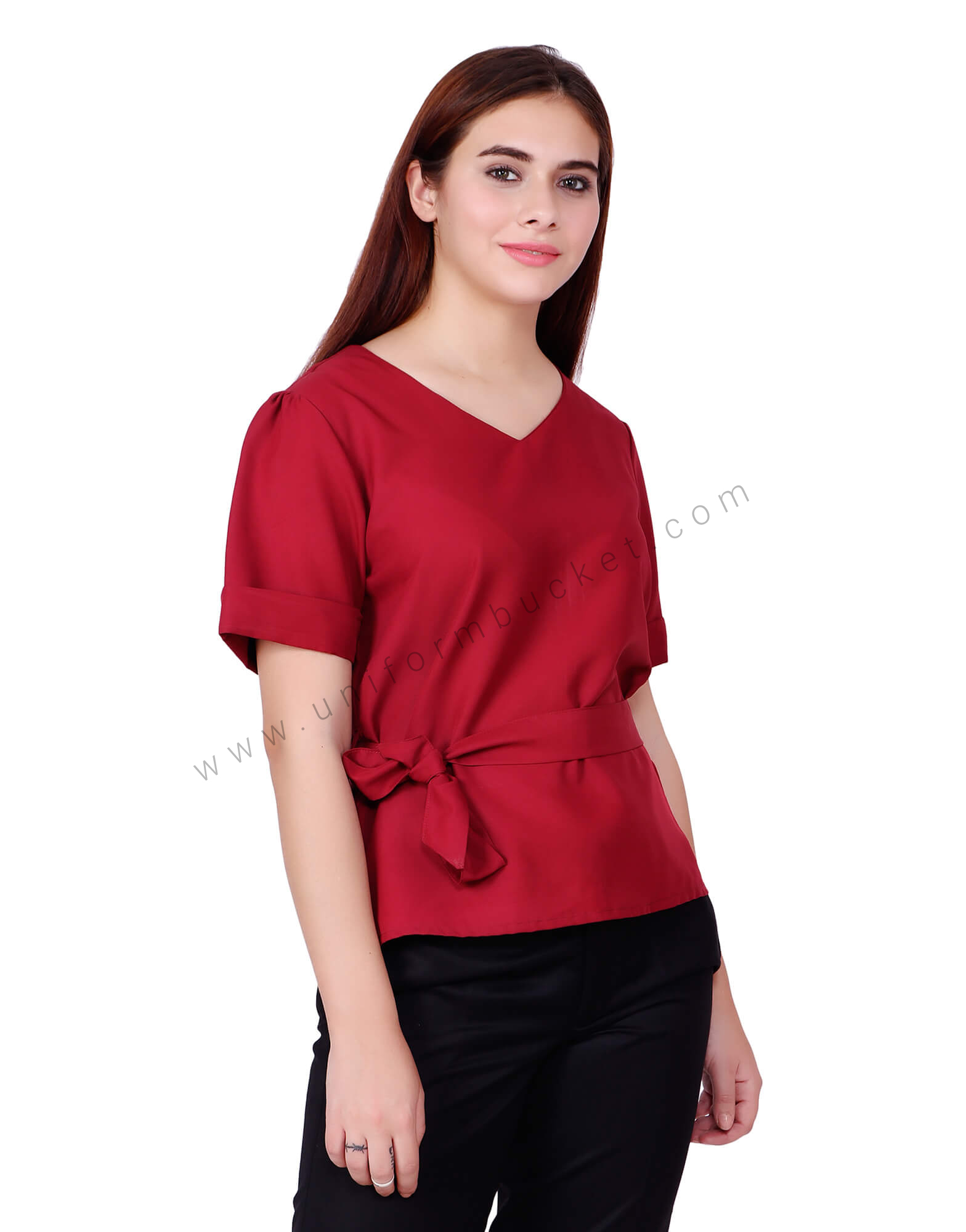 V Neck Maroon Uniform Top With Belt thumbnail 3