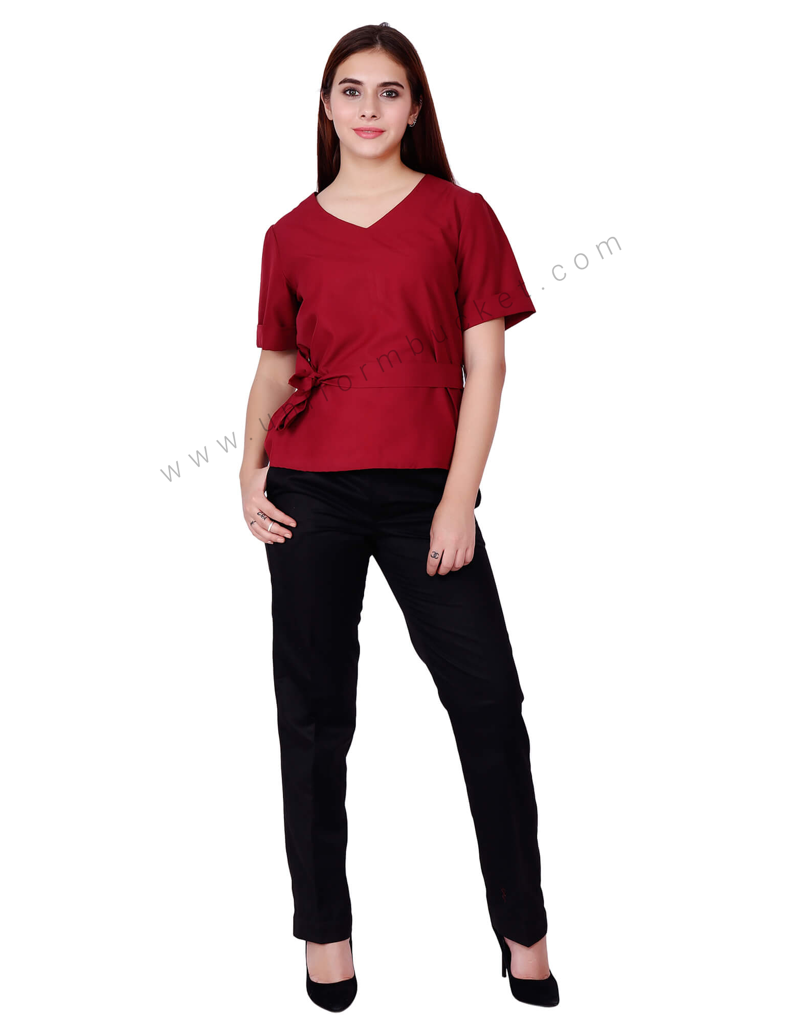 V Neck Maroon Uniform Top With Belt thumbnail 2