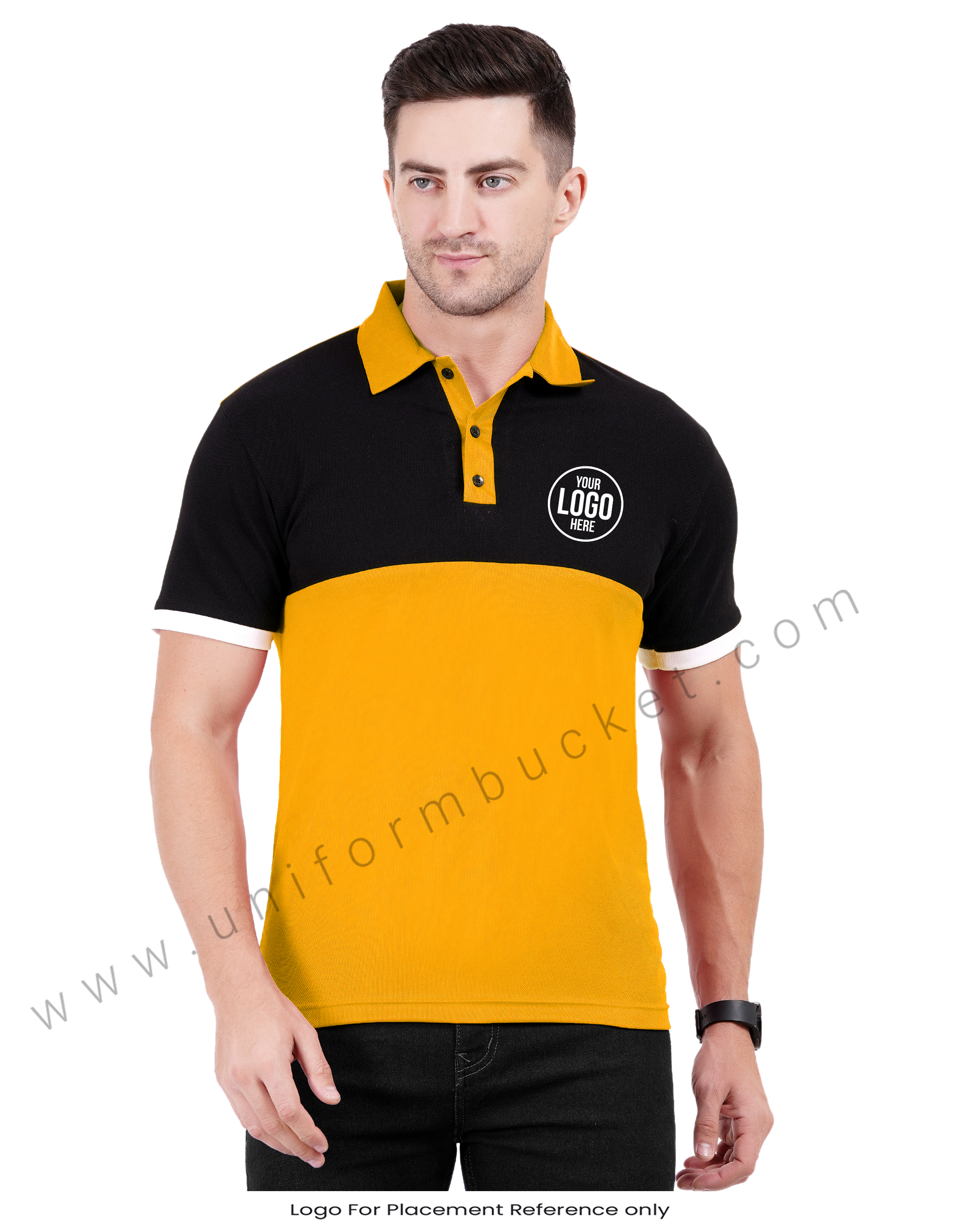 Mustard yellow and black color-blocked polo T-shirt view 1
