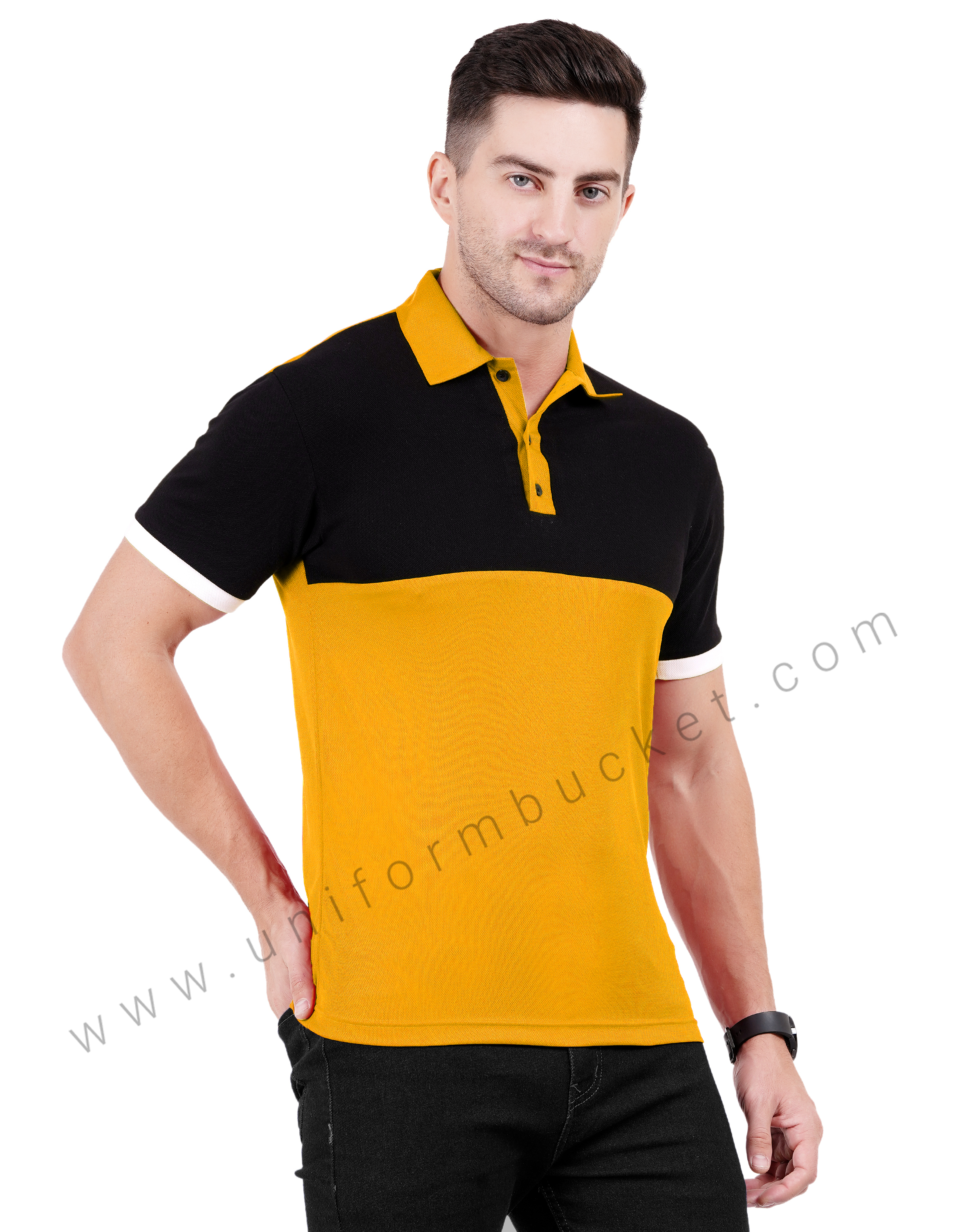 Mustard yellow and black color-blocked polo T-shirt thumbnail 2