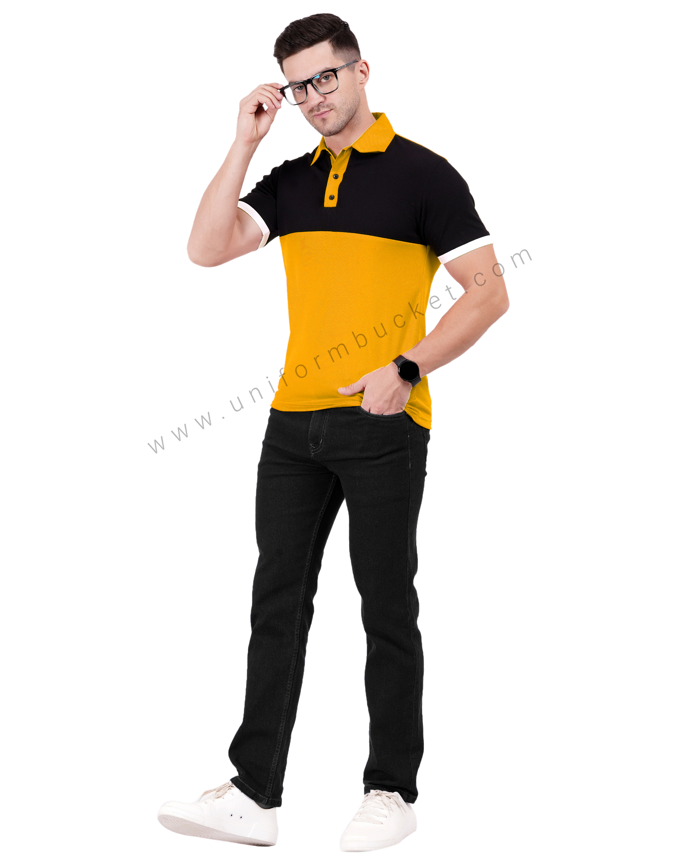 Mustard yellow and black color-blocked polo T-shirt thumbnail 5
