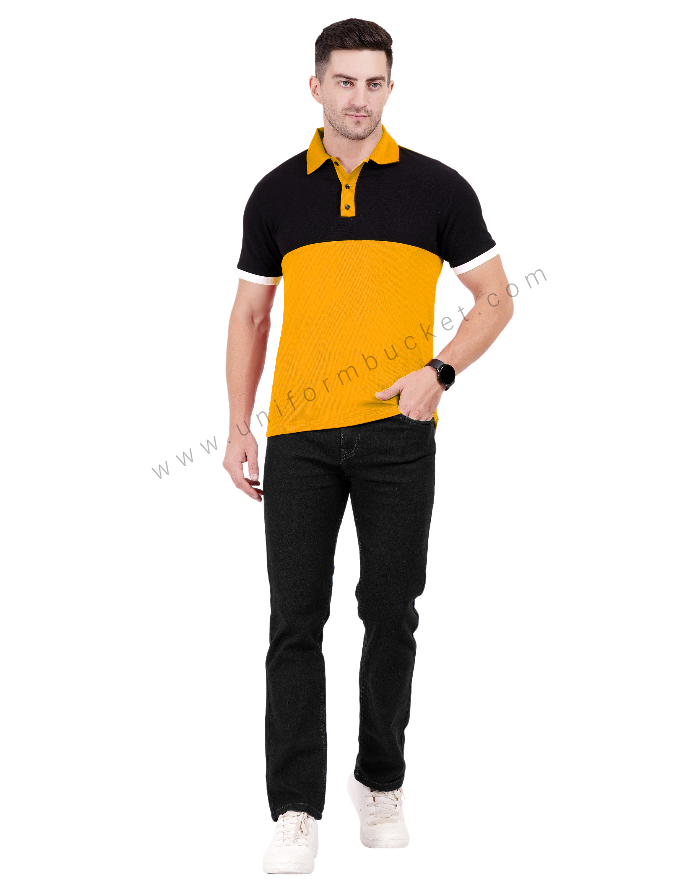 Mustard yellow and black color-blocked polo T-shirt thumbnail 6