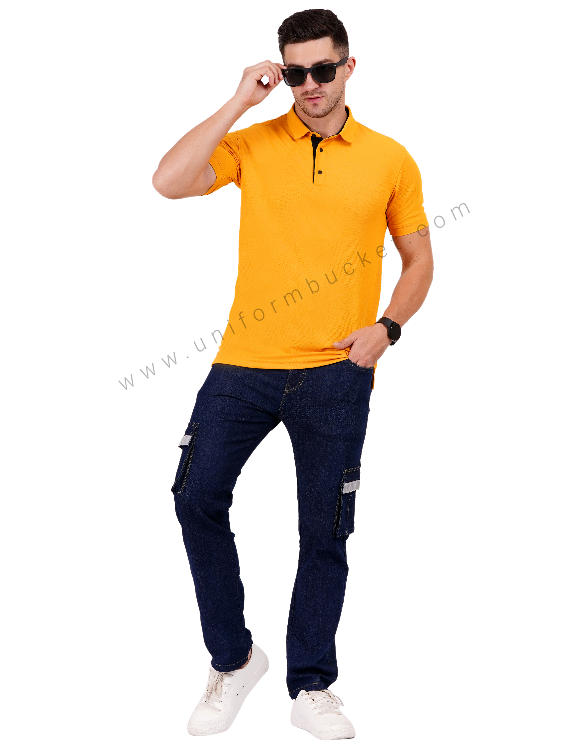 Mustard yellow polo T-shirt enhanced with sleek black trim details thumbnail 4