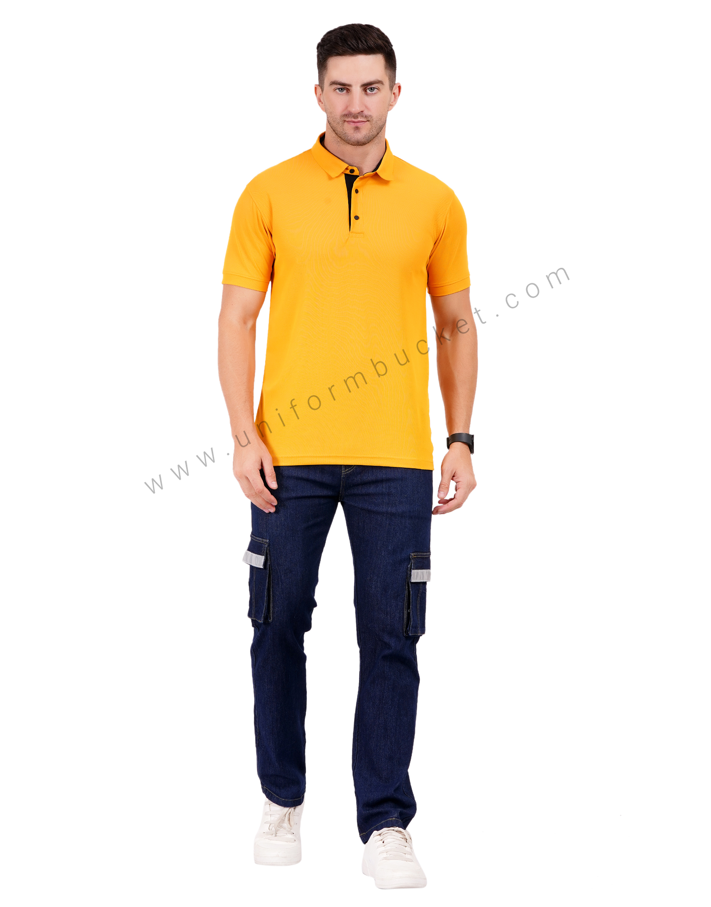 Mustard yellow polo T-shirt enhanced with sleek black trim details thumbnail 5