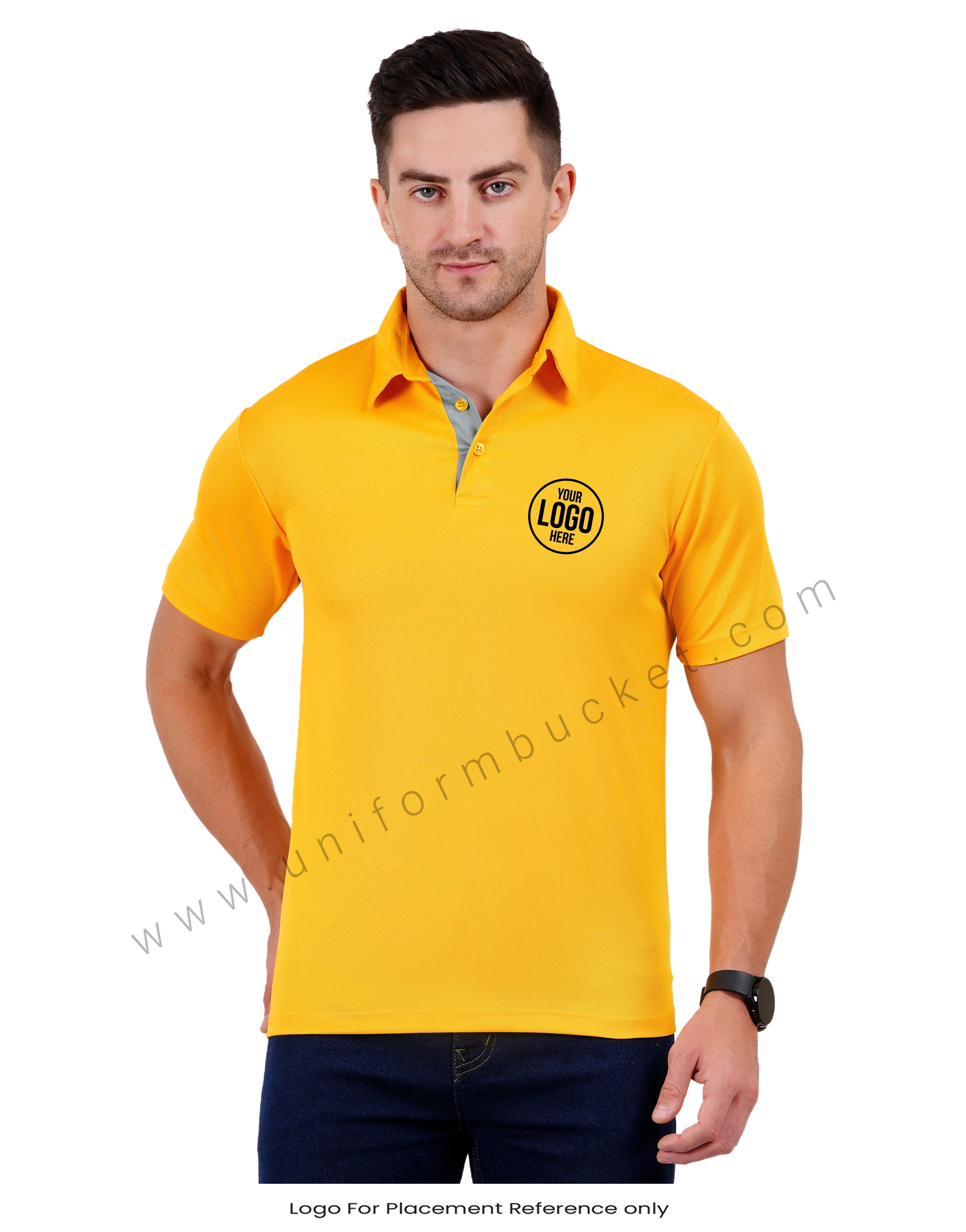 Mustard yellow polo T-shirt with grey trim view 1
