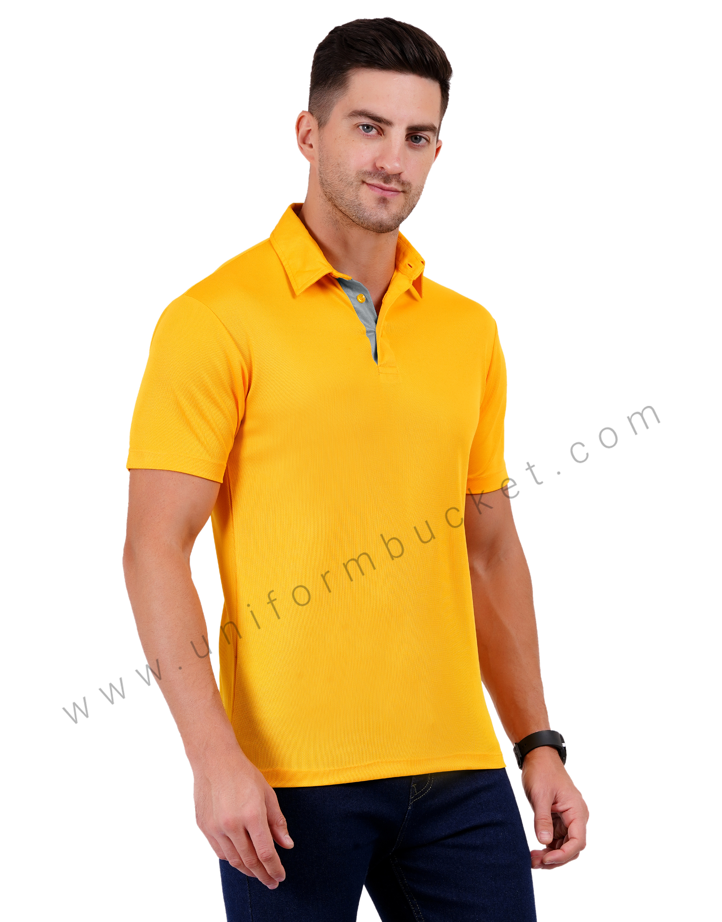 Mustard yellow polo T-shirt with grey trim thumbnail 2