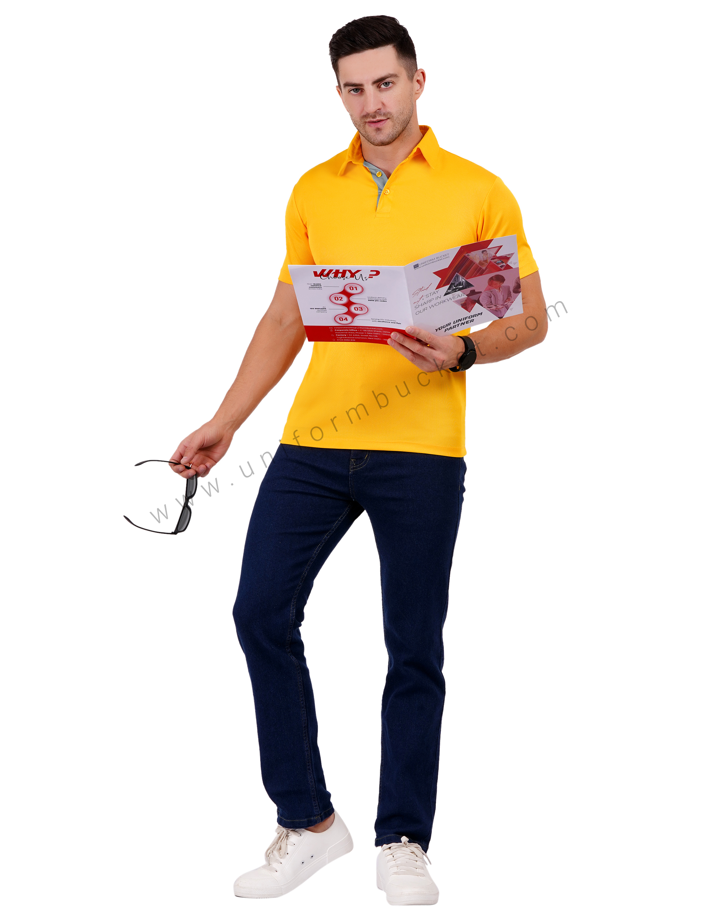 Mustard yellow polo T-shirt with grey trim thumbnail 5