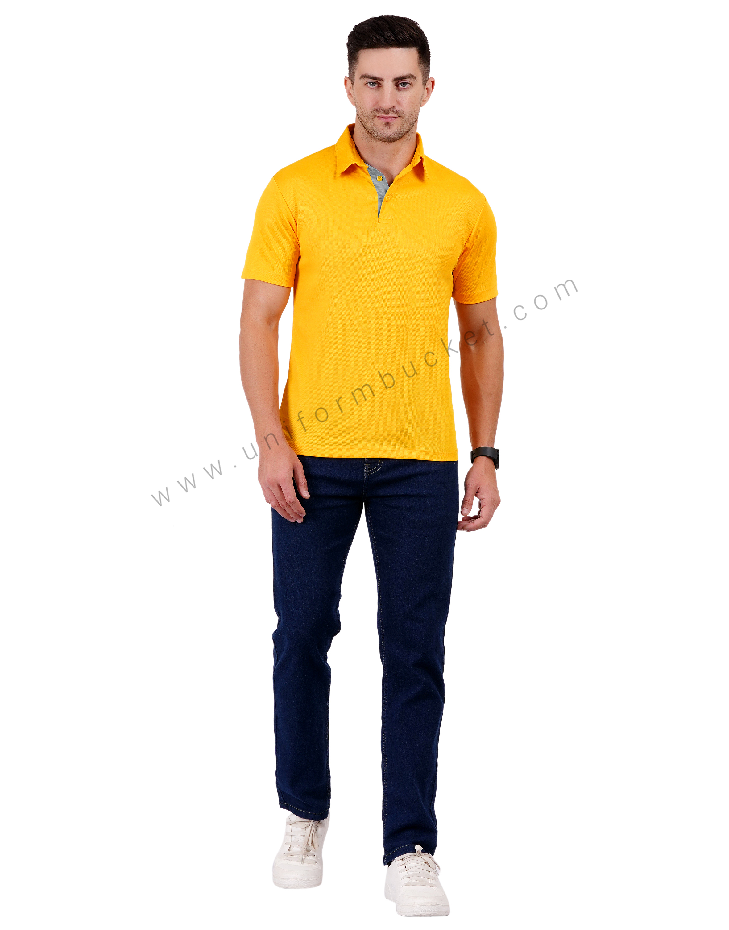 Mustard yellow polo T-shirt with grey trim thumbnail 6