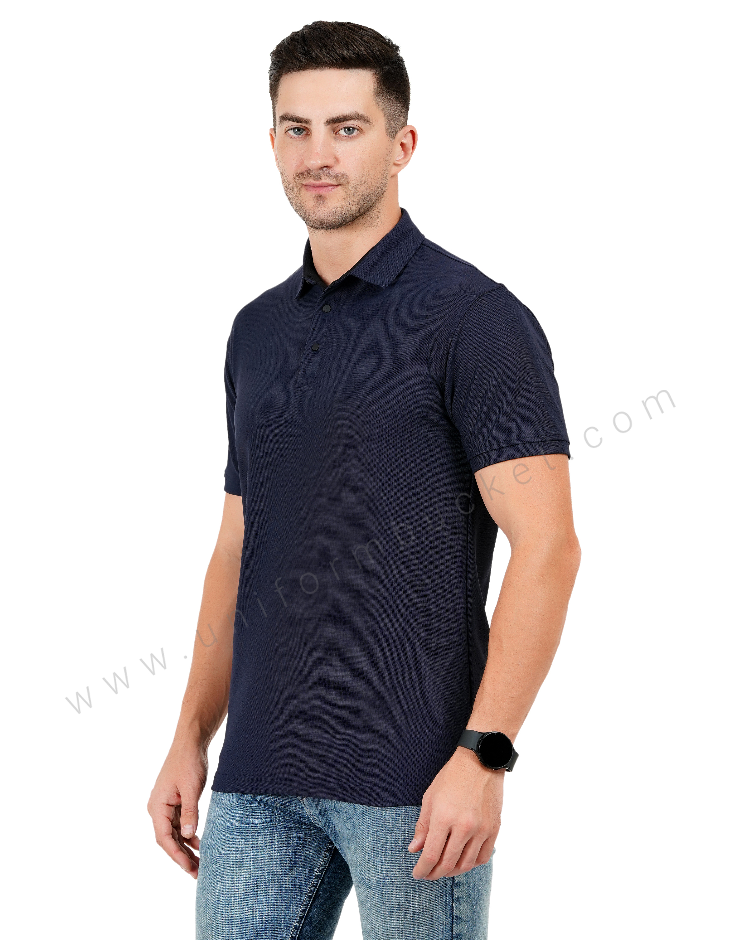 Navy Blue E polo T-shirt with black trim detail thumbnail 2
