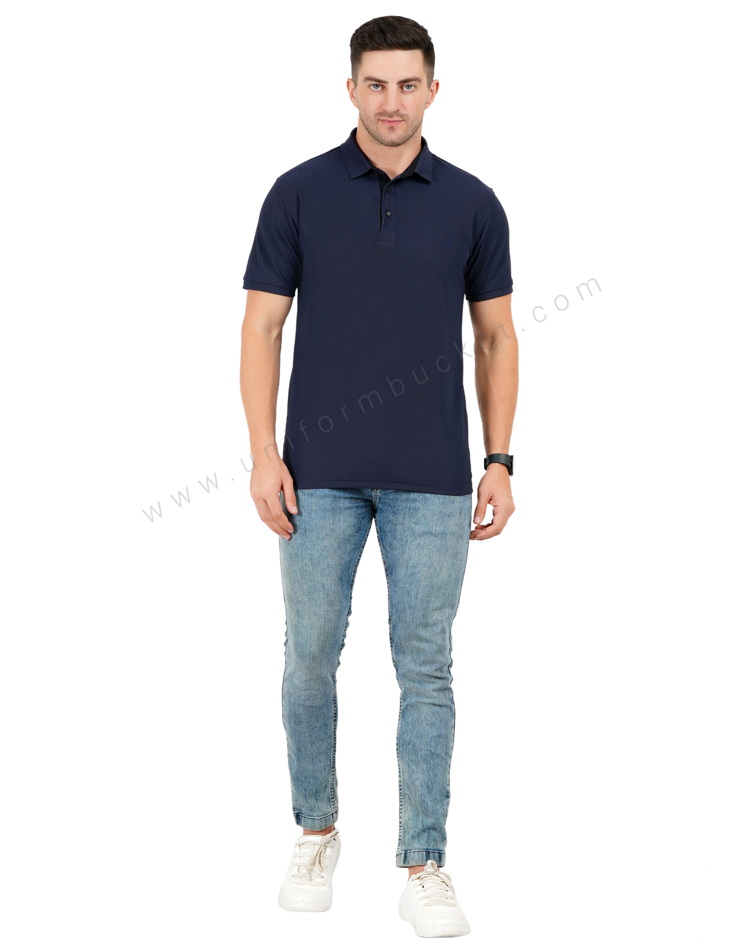 Navy Blue E polo T-shirt with black trim detail thumbnail 5