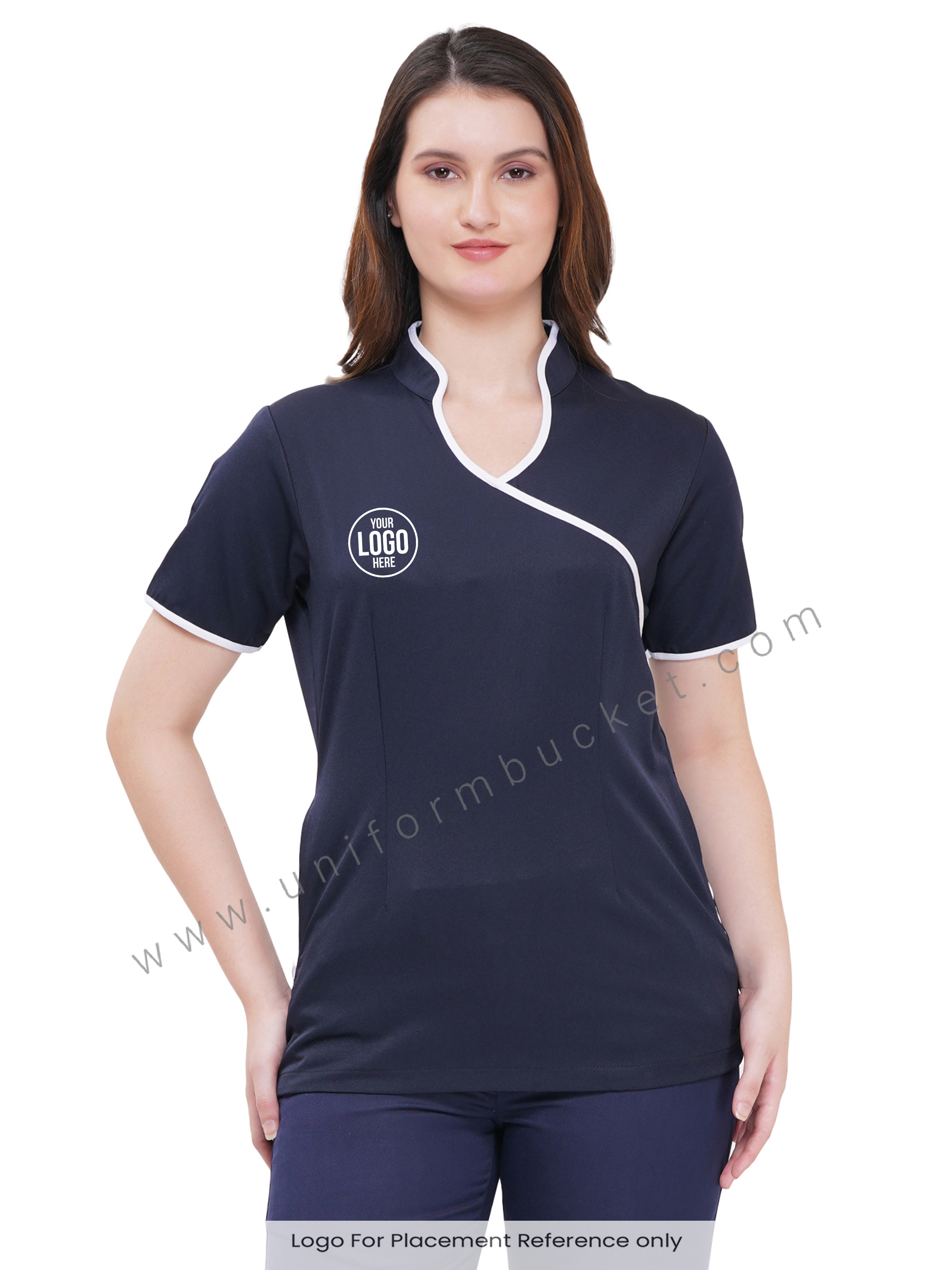 NAVY BLUE FEMALE TOP WITH WHITE SLASH PIPING & TWO POCKET view 1