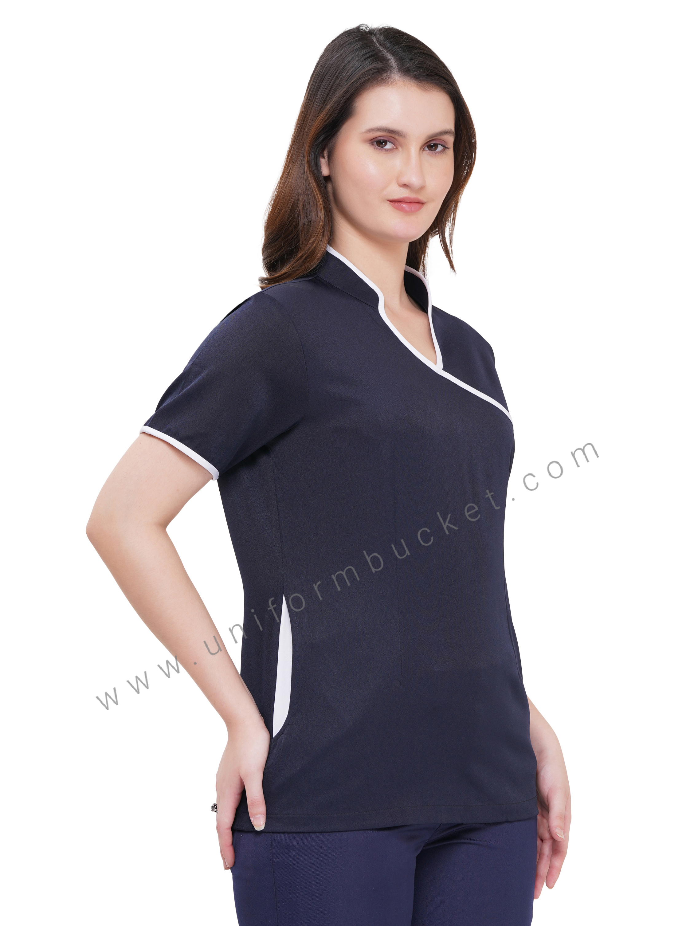 NAVY BLUE FEMALE TOP WITH WHITE SLASH PIPING & TWO POCKET thumbnail 2