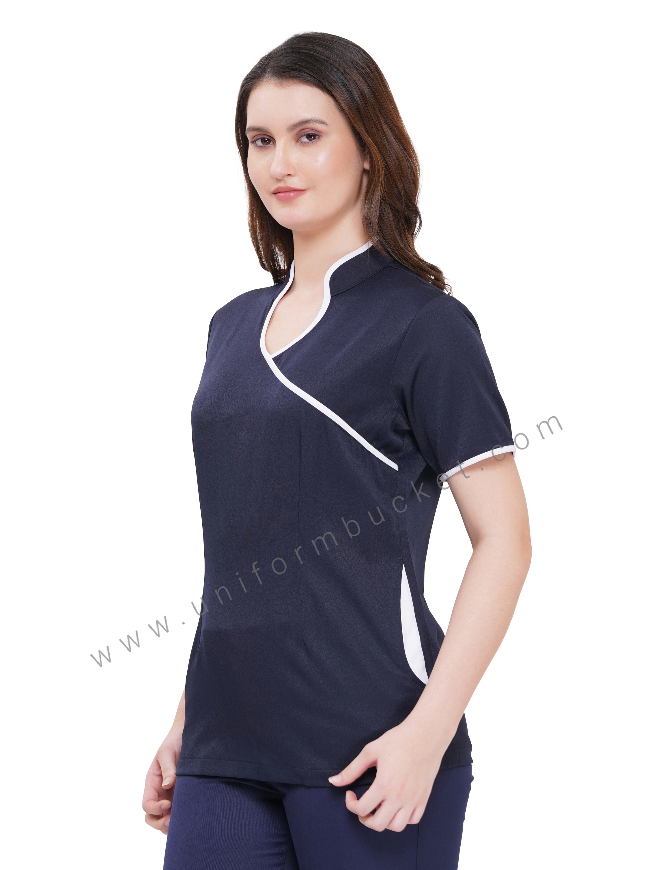 NAVY BLUE FEMALE TOP WITH WHITE SLASH PIPING & TWO POCKET thumbnail 3