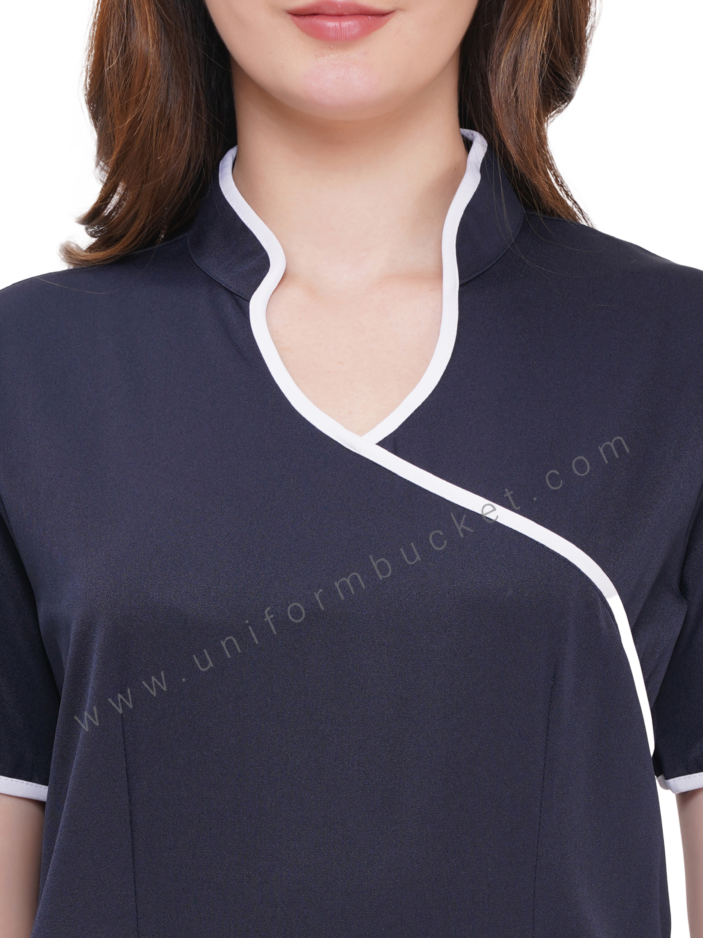 NAVY BLUE FEMALE TOP WITH WHITE SLASH PIPING & TWO POCKET thumbnail 4