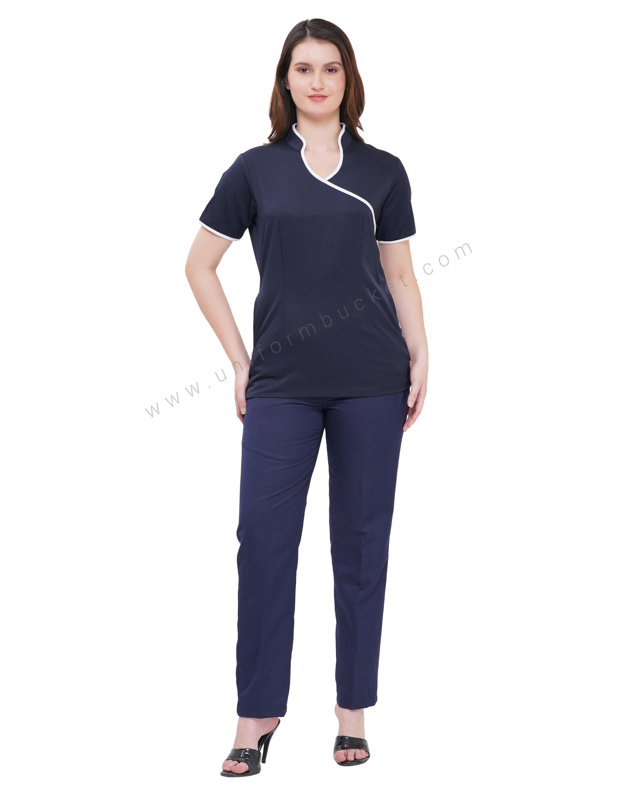 NAVY BLUE FEMALE TOP WITH WHITE SLASH PIPING & TWO POCKET thumbnail 6