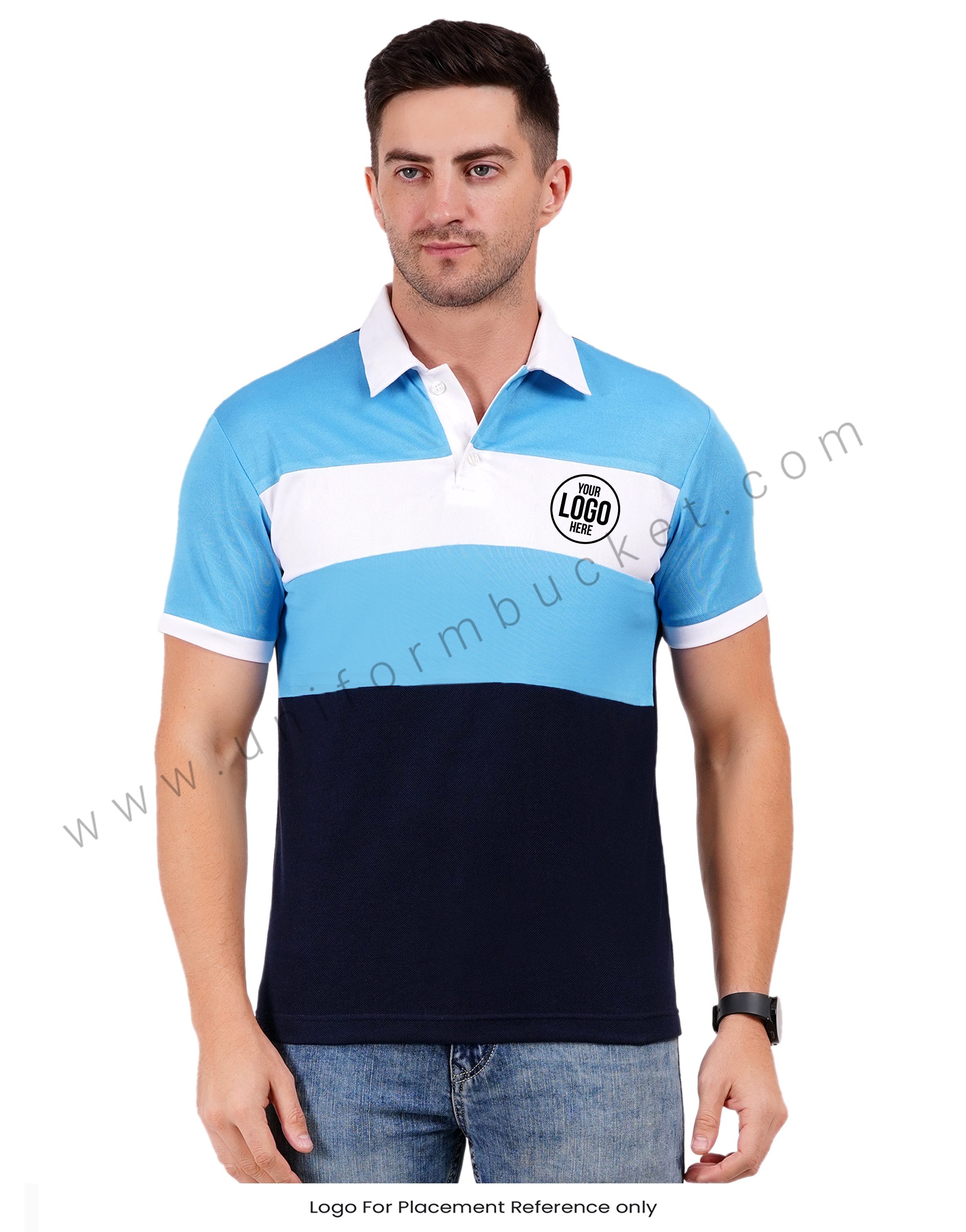 Navy blue polo with light blue and white color blocking view 1