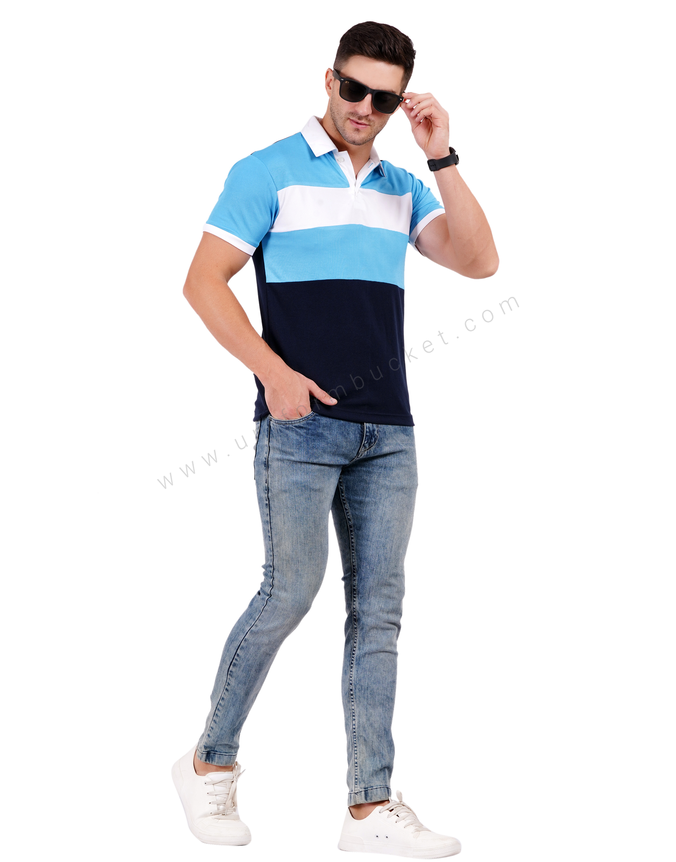 Navy blue polo with light blue and white color blocking thumbnail 6
