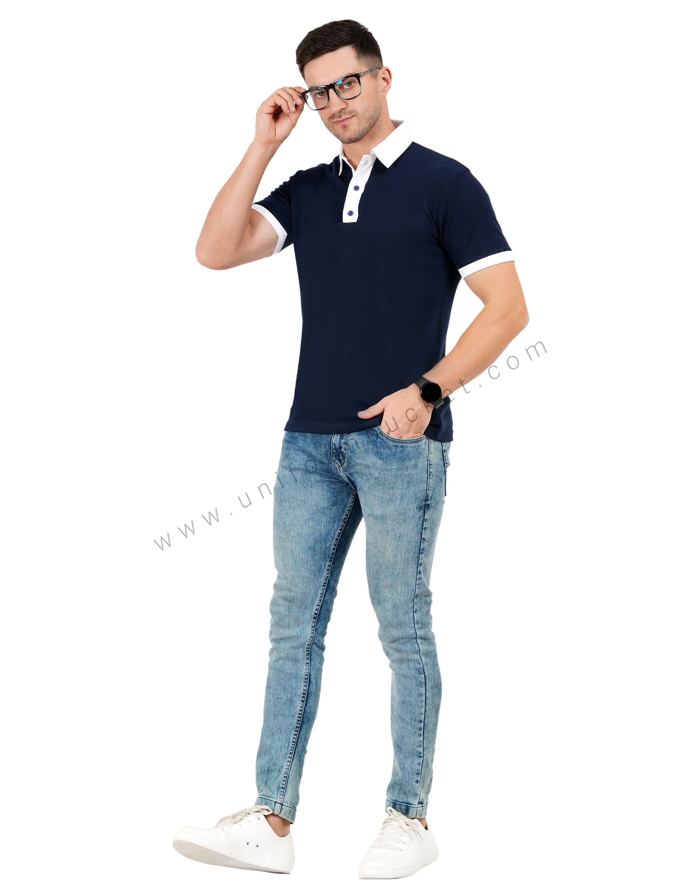 Navy blue Polo T-shirt with White Detailing thumbnail 5