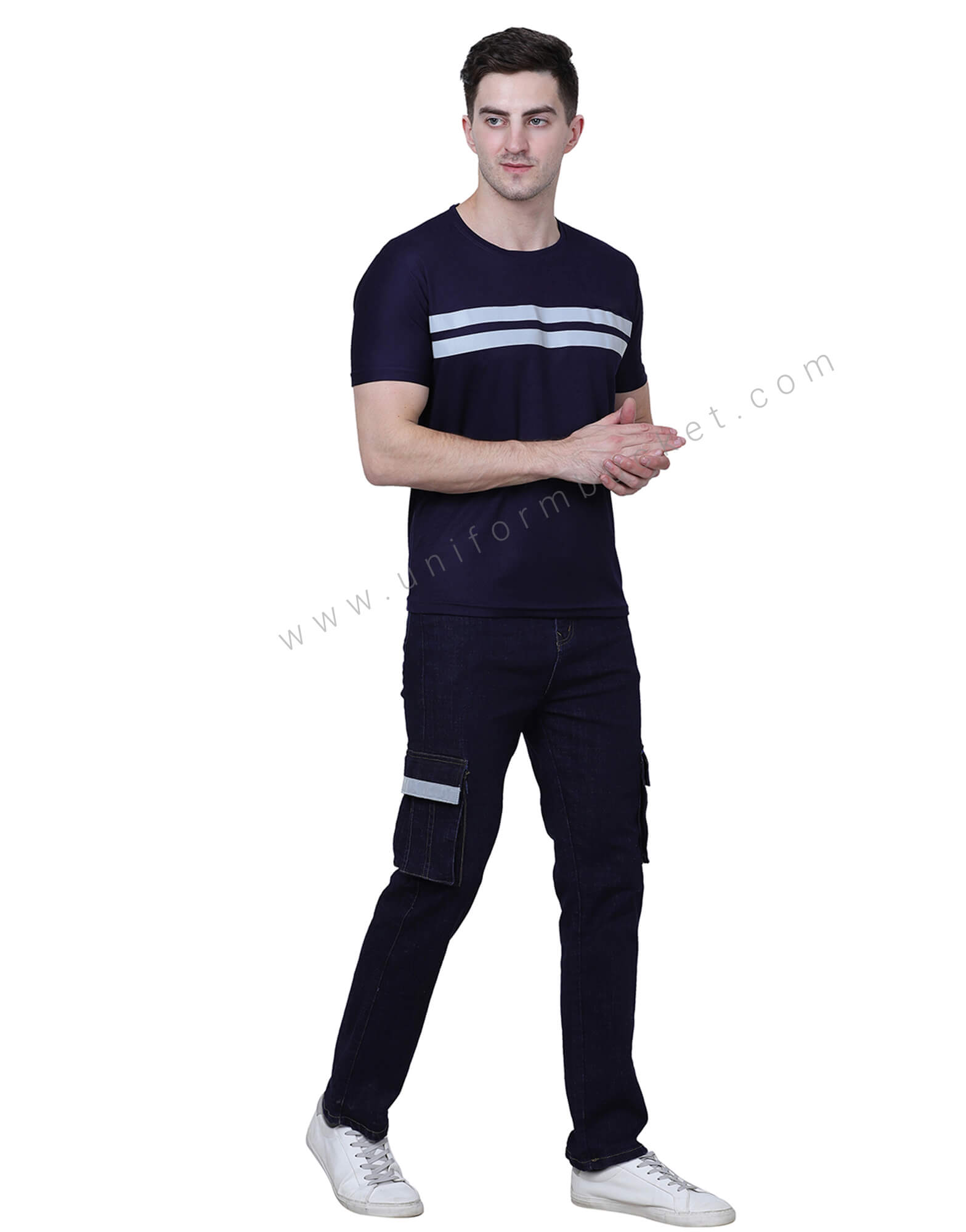 Navy Blue Double Stripe High Visibility T Shirt view 1
