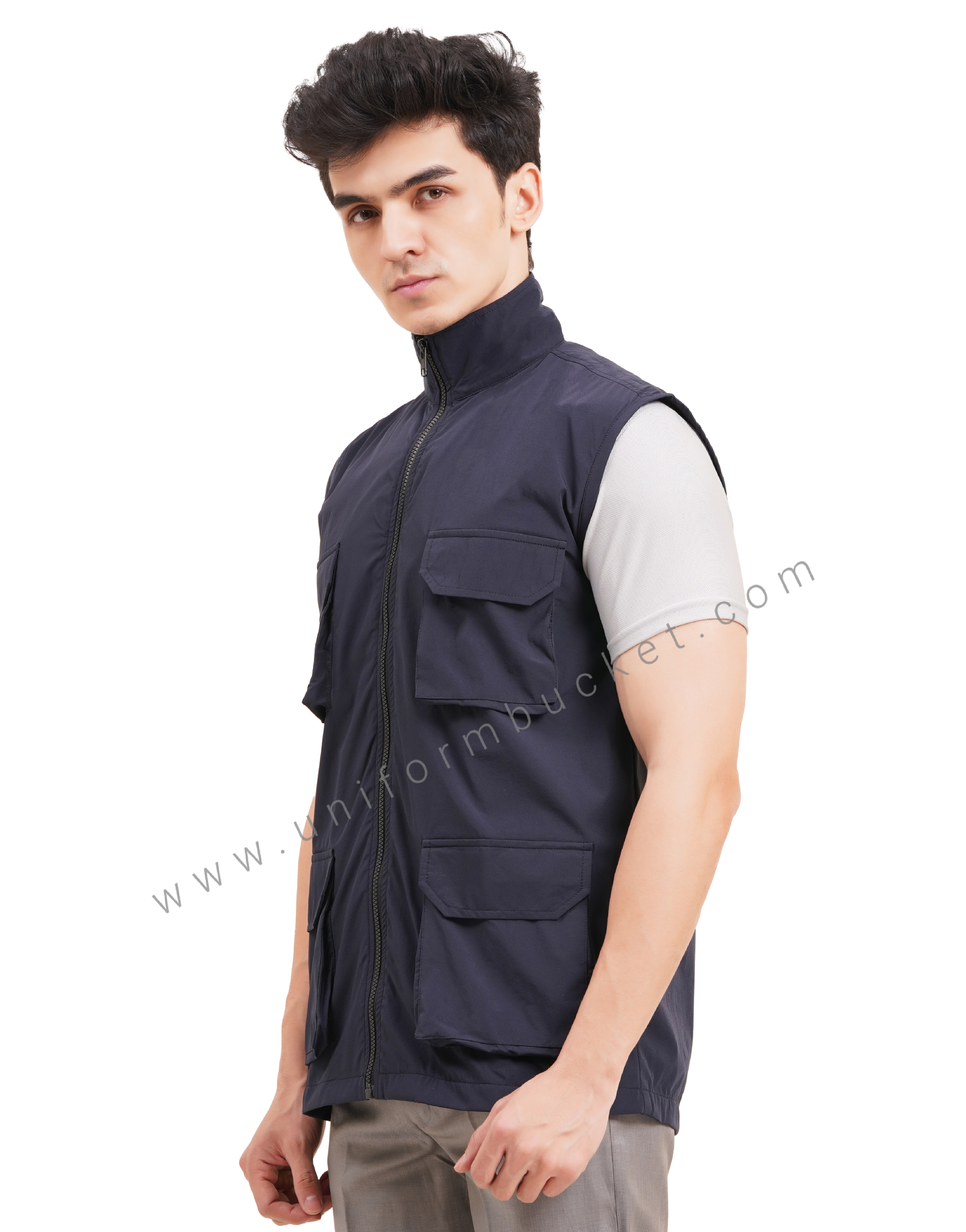navy blue workwear stretchable jacket with four multi pocket thumbnail 2